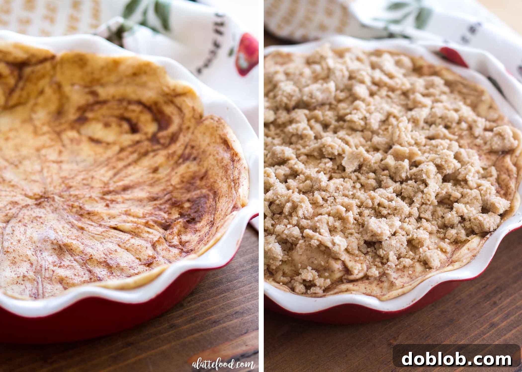 Step-by-step assembly of Cinnamon Roll Dutch Apple Pie.