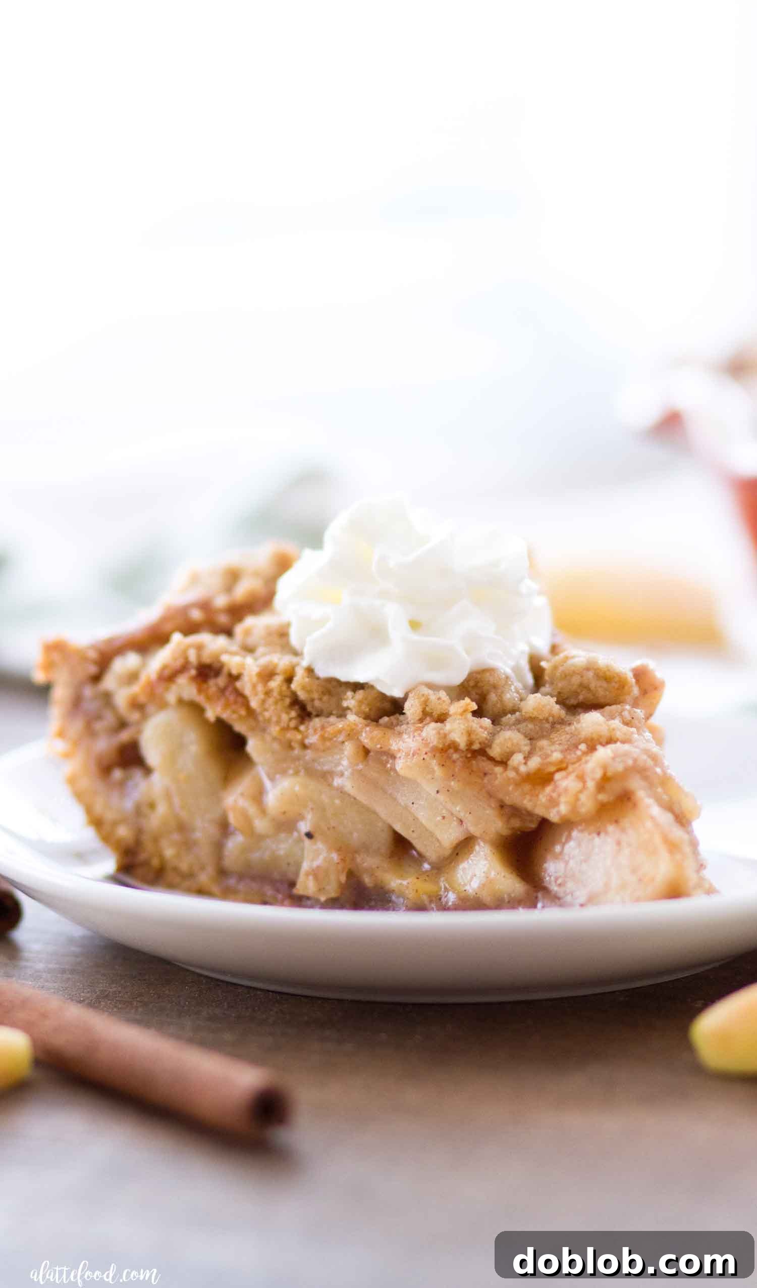 A perfect slice of Cinnamon Roll Dutch Apple Pie, ideal for fall and winter holidays.