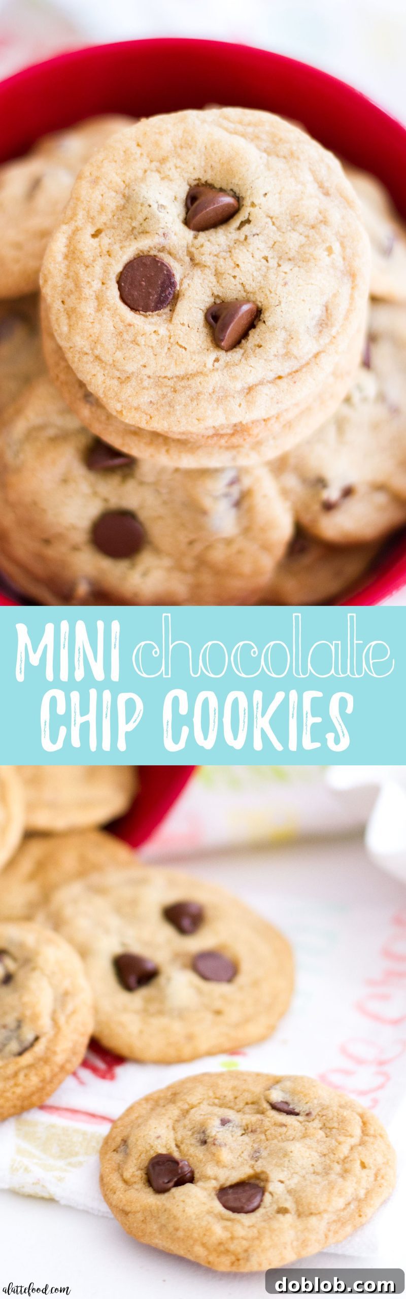 A large pile of mini chocolate chip cookies presented in a rustic bowl, showcasing their abundance and deliciousness.