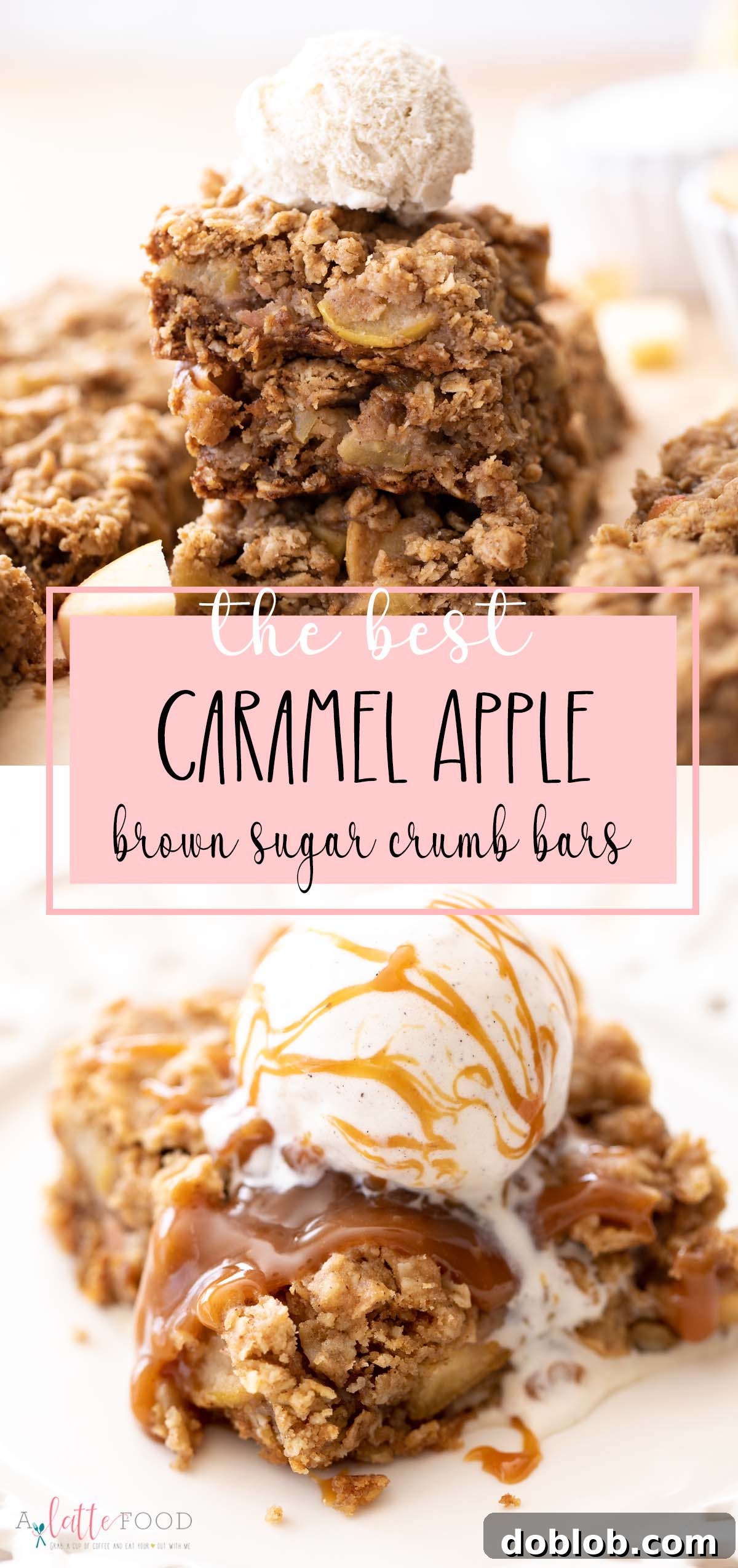 apple crumble bars with salted caramel sauce collage with text.