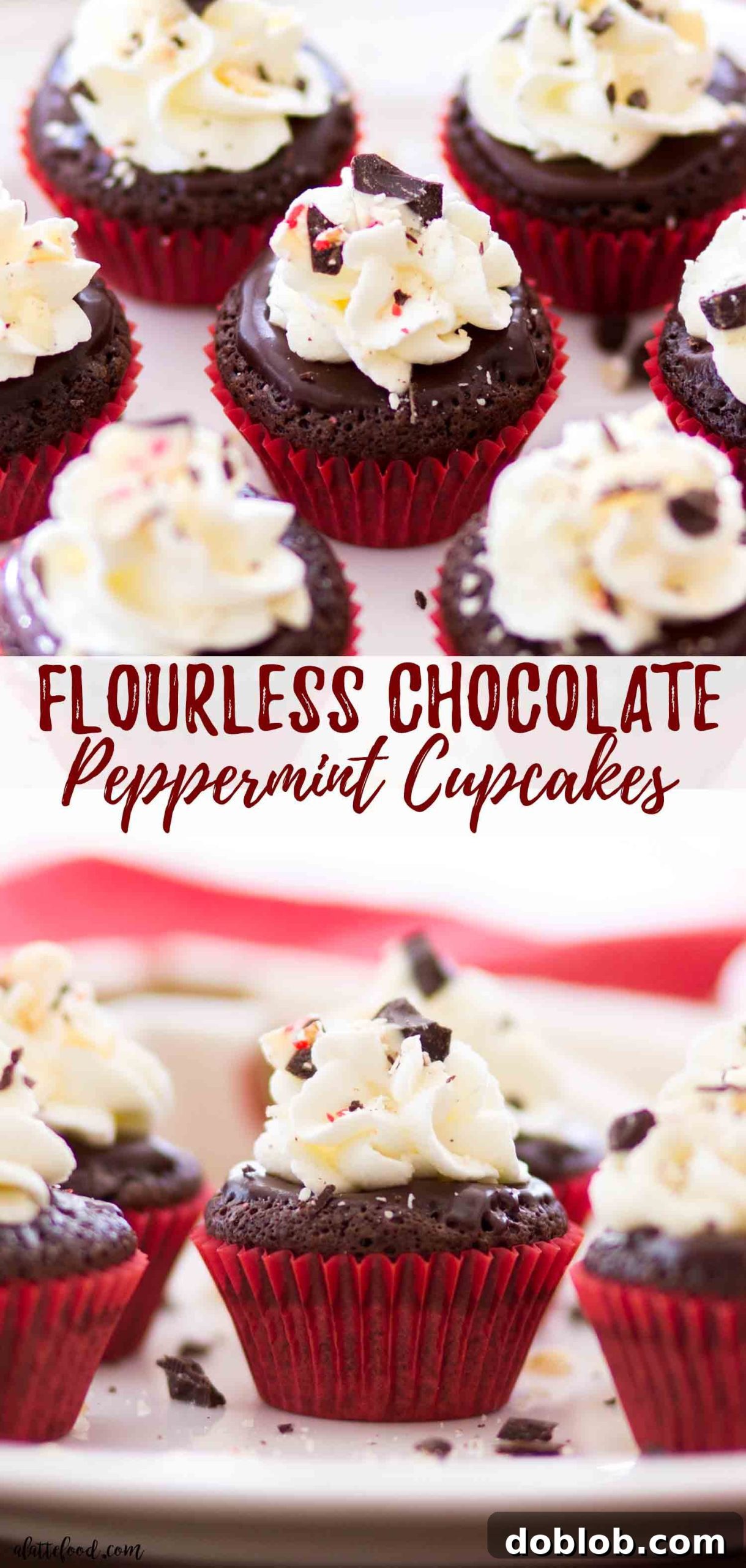 These mini flourless chocolate peppermint cupcakes are rich, fudgy, and a perfect gluten-free Christmas dessert with peppermint ganache and stabilized whipped cream frosting. #chocolate #dessert #glutenfree #cupcakes #peppermint The best flourless chocolate cake recipe is transformed into a flourless chocolate peppermint cupcake recipe for the holidays, offering a rich, gluten-free option.