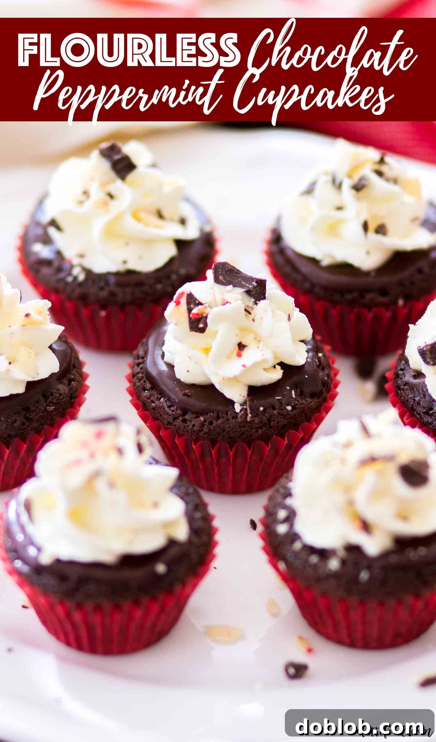 These mini flourless chocolate peppermint cupcakes are rich, fudgy, and a perfect gluten-free Christmas dessert with peppermint ganache and stabilized whipped cream frosting. #chocolate #dessert #glutenfree #cupcakes #peppermint Mini flourless chocolate cupcakes with peppermint make a perfect gluten-free Christmas dessert, delightful for sharing and enjoying during the holidays.