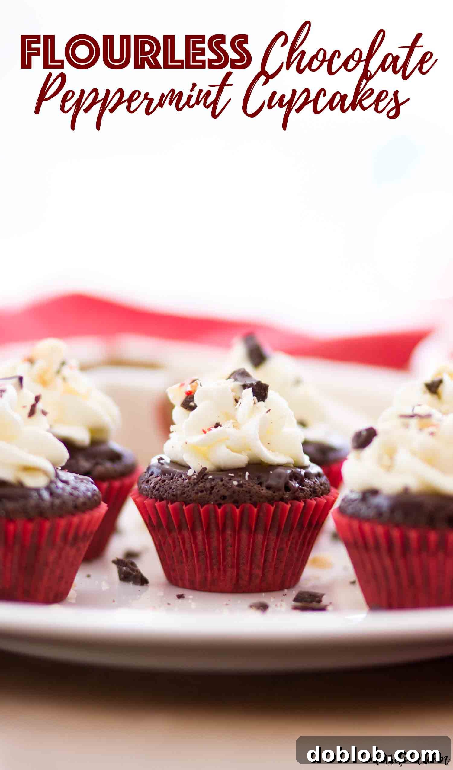 These mini flourless chocolate peppermint cupcakes are rich, fudgy, and a perfect gluten-free Christmas dessert with peppermint ganache and stabilized whipped cream frosting. #chocolate #dessert #glutenfree #cupcakes #peppermint Flourless chocolate peppermint cupcakes are topped with luscious peppermint ganache and a delicate, stable whipped cream frosting, making them an ideal festive dessert.
