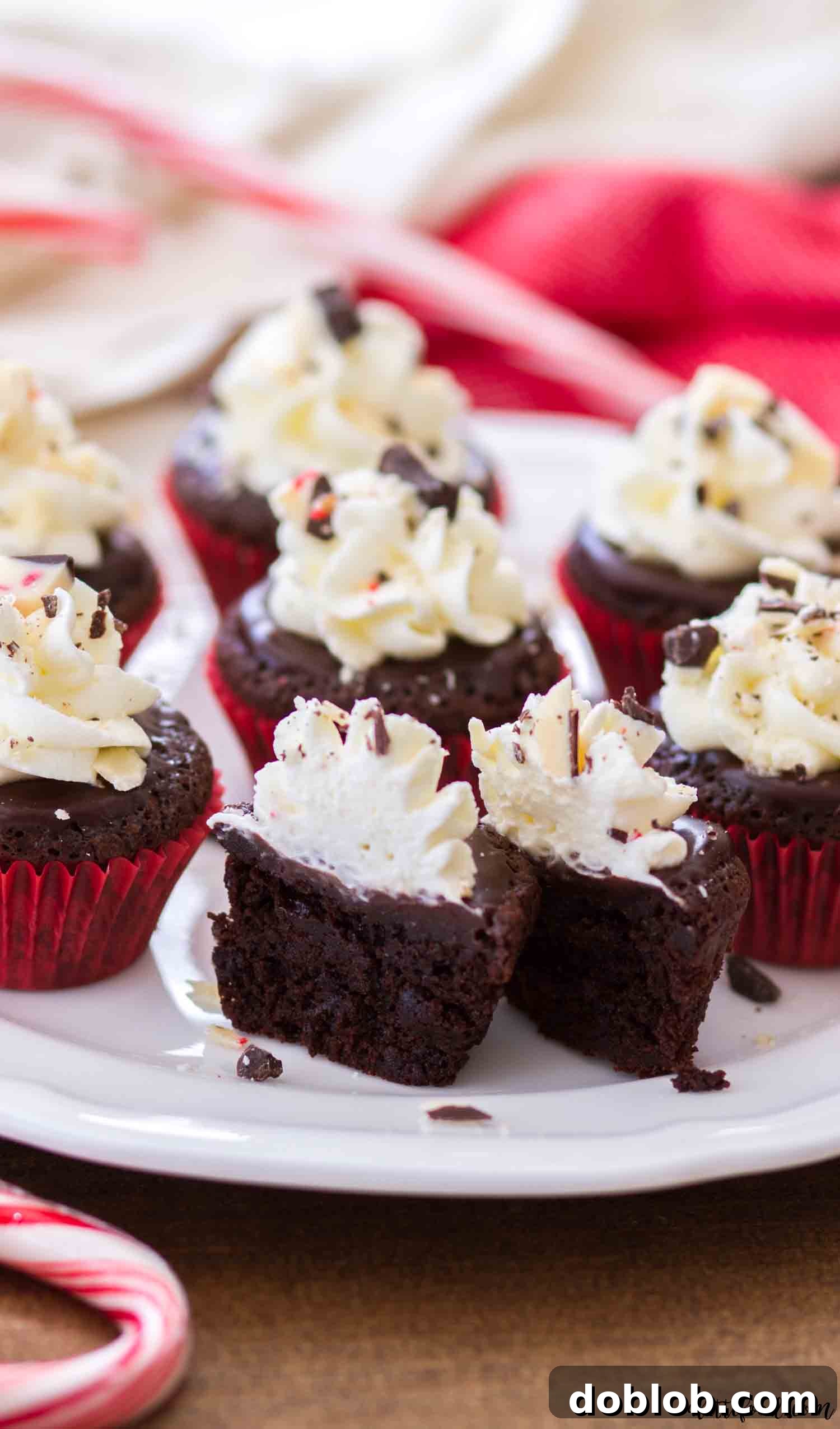 These mini flourless chocolate peppermint cupcakes are rich, fudgy, and a perfect gluten-free Christmas dessert with peppermint ganache and stabilized whipped cream frosting. #chocolate #dessert #glutenfree #cupcakes #peppermint Look how rich and fudgy these flourless chocolate peppermint cupcakes are, perfectly dense and moist for an incredible holiday treat!