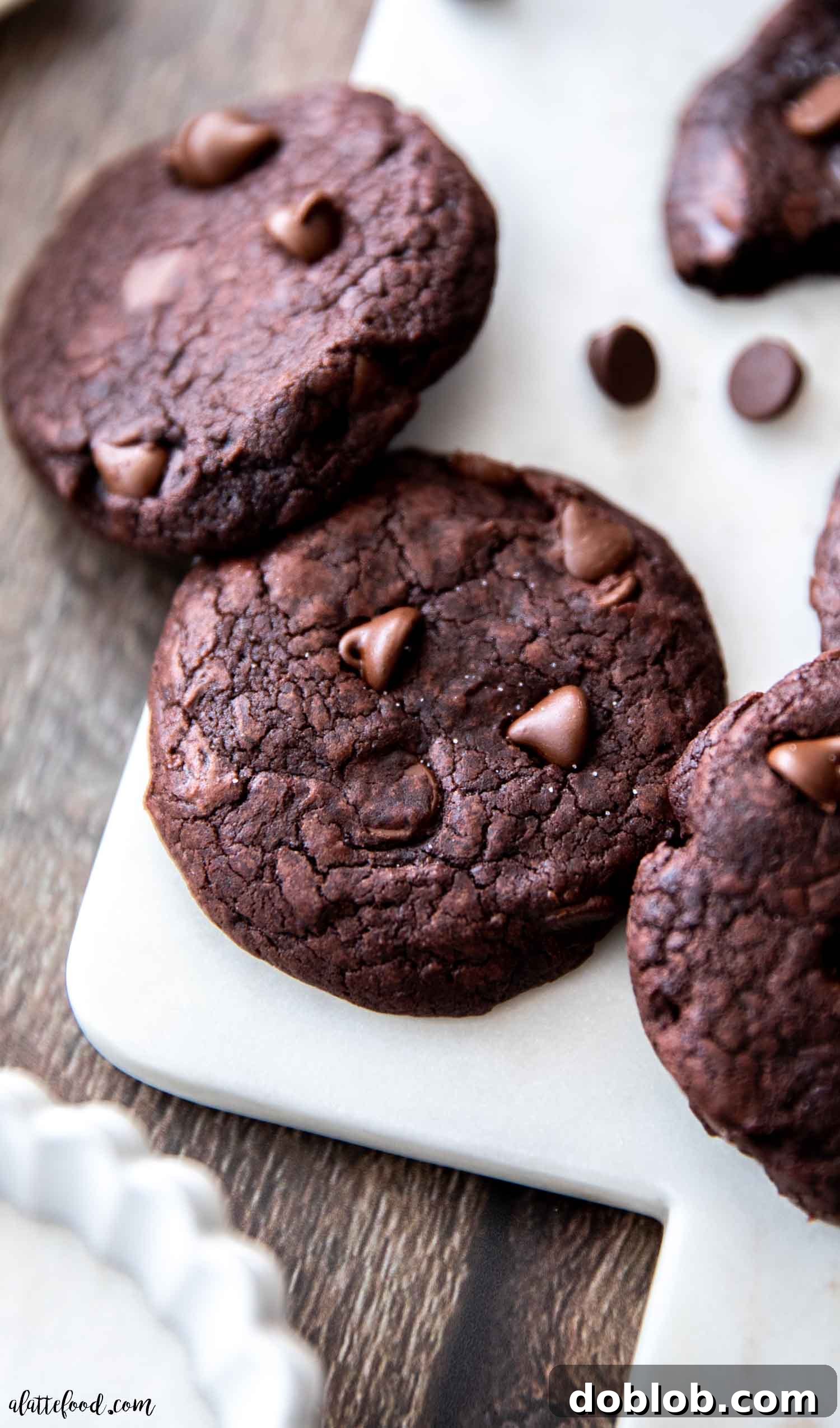 Decadent Chocolate Pound Cake 3 Three decadent chocolate fudge cookies, studded with chocolate chips, artfully arranged on a sleek marble board.