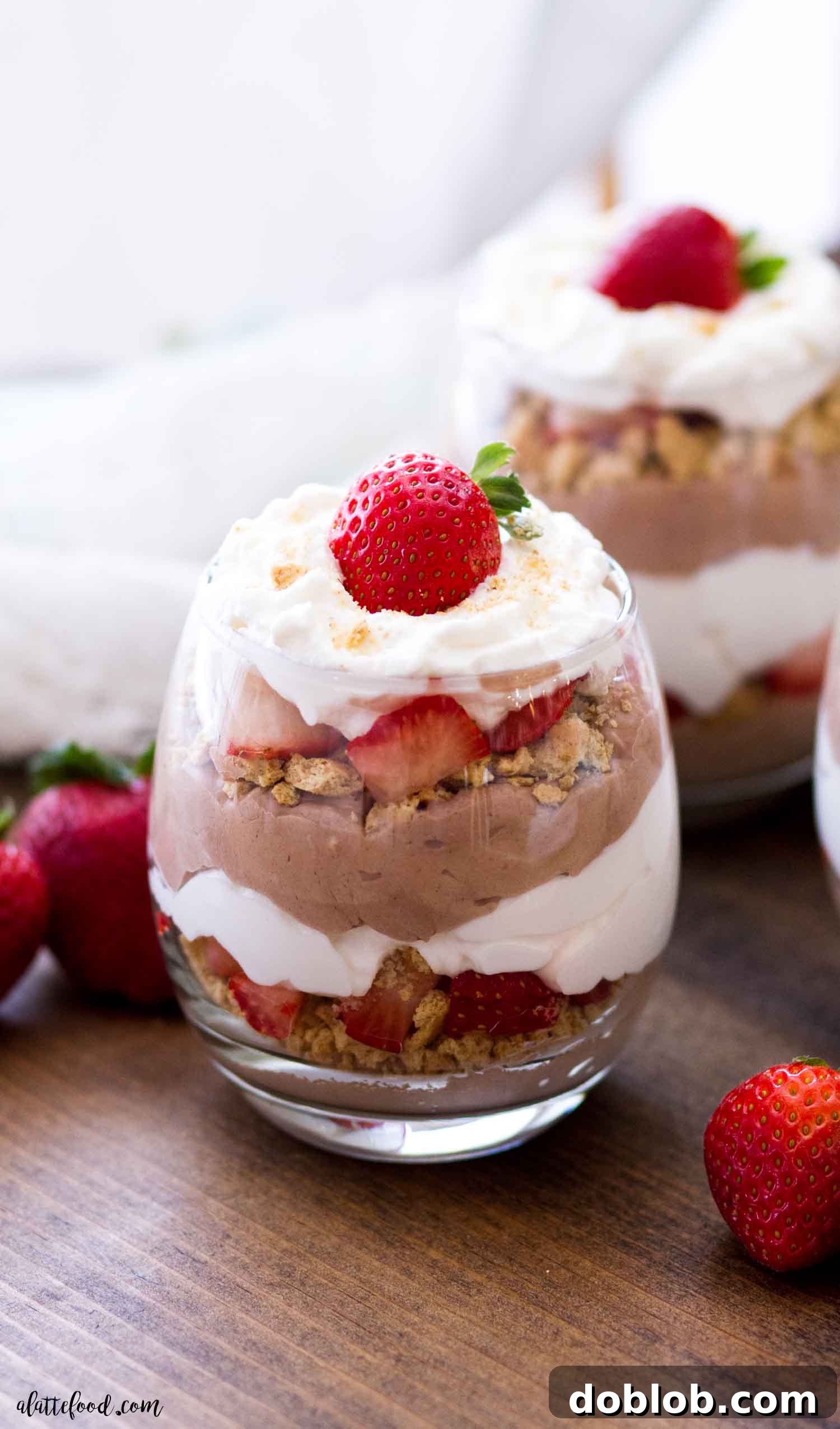 Decadent Chocolate Pound Cake 5 Individual portions of no-bake chocolate cheesecake trifle presented in small glasses, showcasing layers of deliciousness.