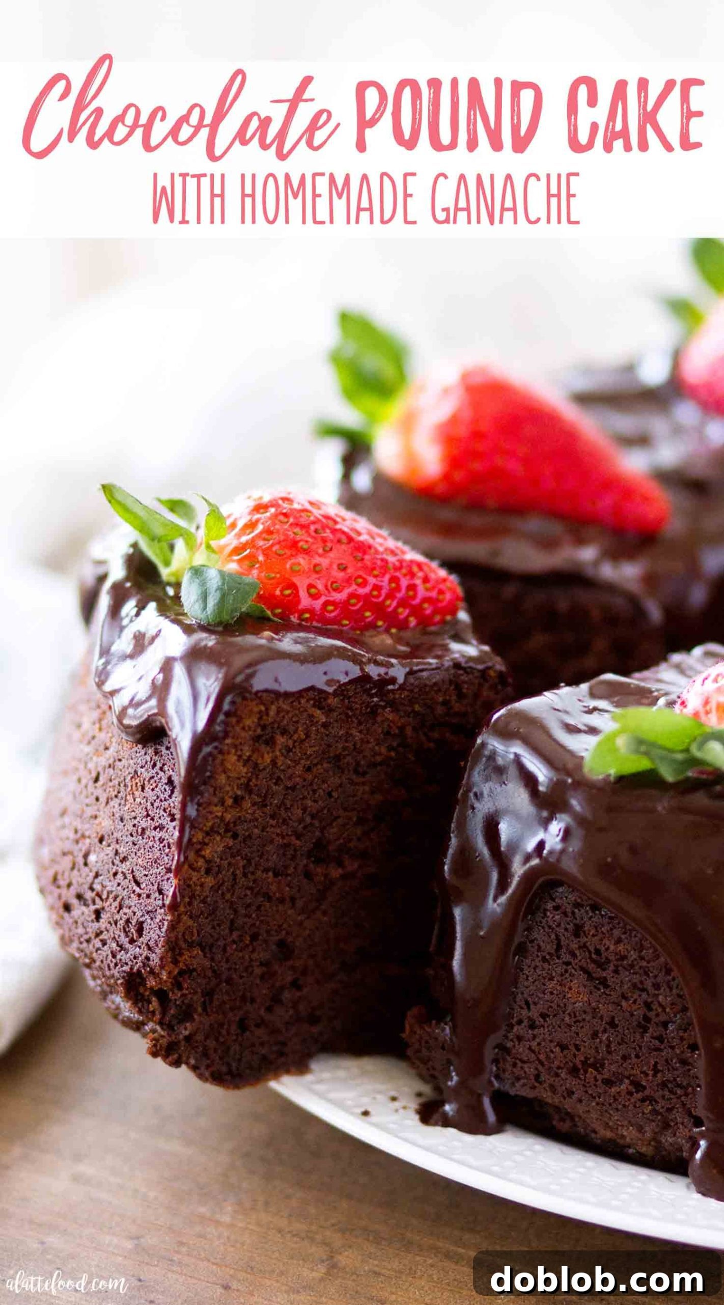 This sour cream chocolate pound cake is the best, made moist and tender with melted chocolate and chocolate ganache – a truly favorite Southern baking recipe! A thick, enticing slice of chocolate pound cake generously topped with ganache and vibrant fresh strawberries, illustrating its rich texture.