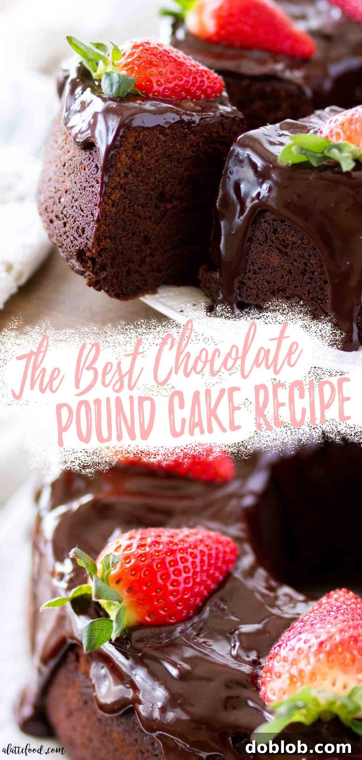 The best Chocolate Pound Cake: a moist, tender, and rich sour cream chocolate bundt cake, topped with chocolate ganache and fresh strawberries. An easy baking recipe and a Valentine’s Day favorite! A collage featuring multiple angles and slices of the best chocolate pound cake with homemade ganache and fresh strawberries, highlighting its richness.