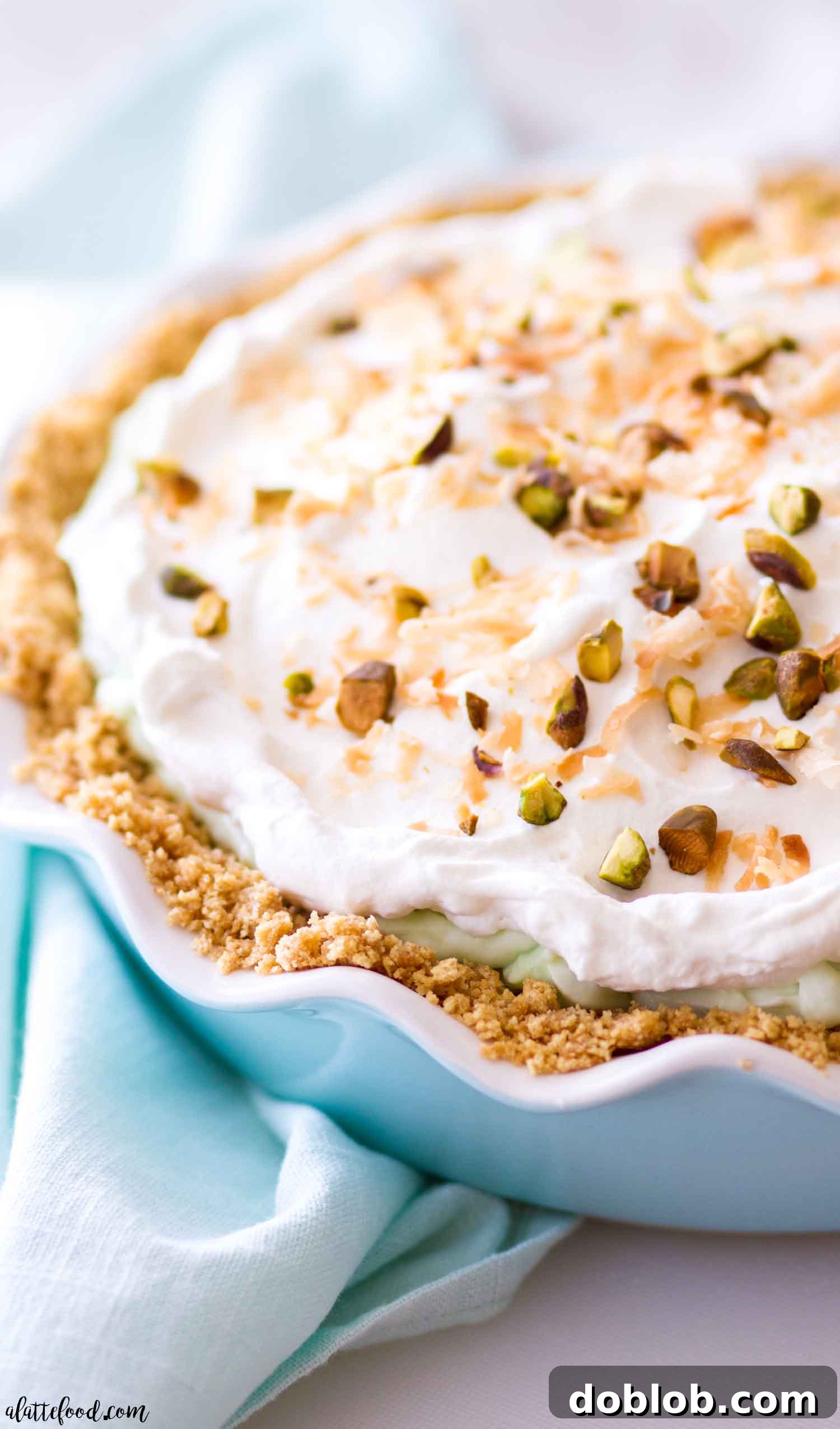 No Bake Lemon Dream Pie 5 This homemade no bake pistachio pudding cream pie is layers of graham cracker crust, pistachio pudding cream, and whipped cream! Plus, this pistachio cream pie is filled with sweet pineapple and coconut! This easy no bake dessert would make the perfect Easter dessert, or with it’s pretty color, even a St. Patrick’s Day dessert!
