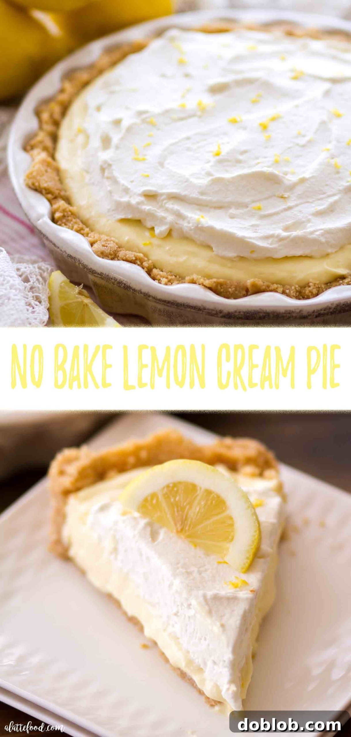 No-Bake Lemon Cream Pie with Nilla Wafer Crust and Lemon Whipped Cream. Close-up of No-Bake Lemon Cream Pie with a vanilla wafer (nilla wafer) and Golden Oreo crust, adorned with homemade lemon whipped cream and fresh lemon zest.