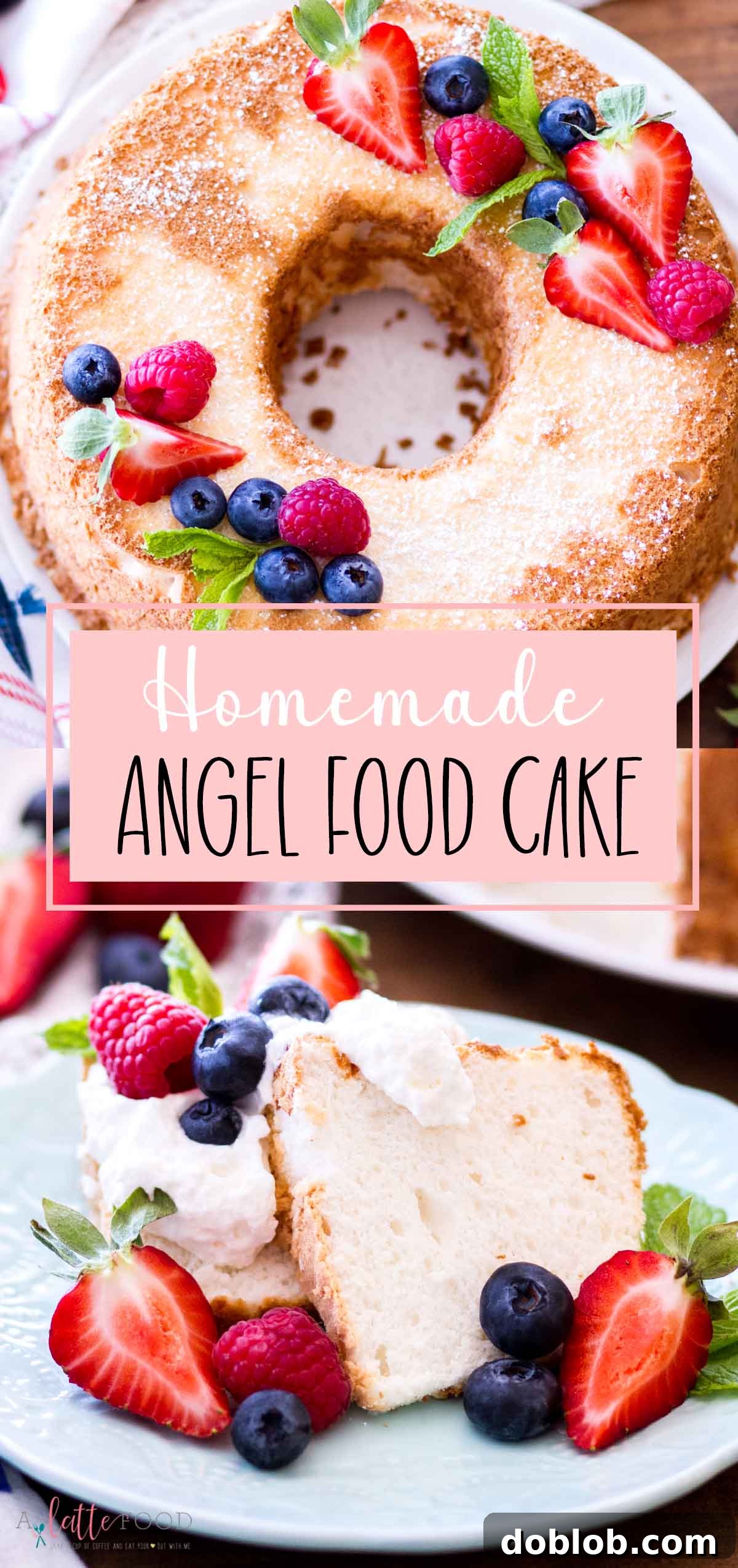 homemade angel food cake collage with text.