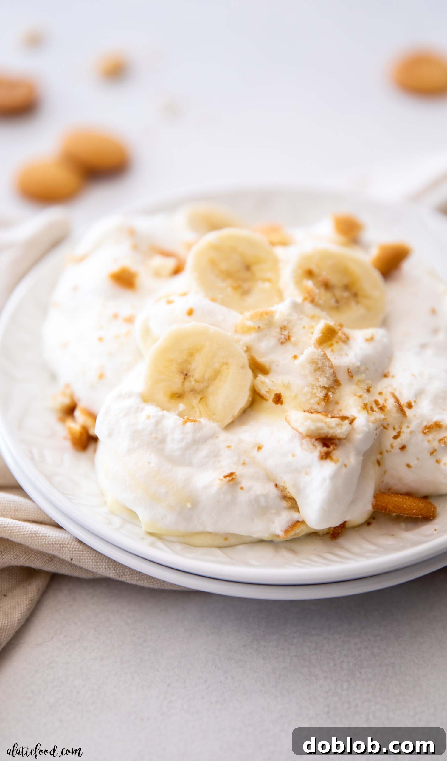 the best banana pudding recipe with sliced bananas, nilla wafers, and smooth whipped cream served on a white dish