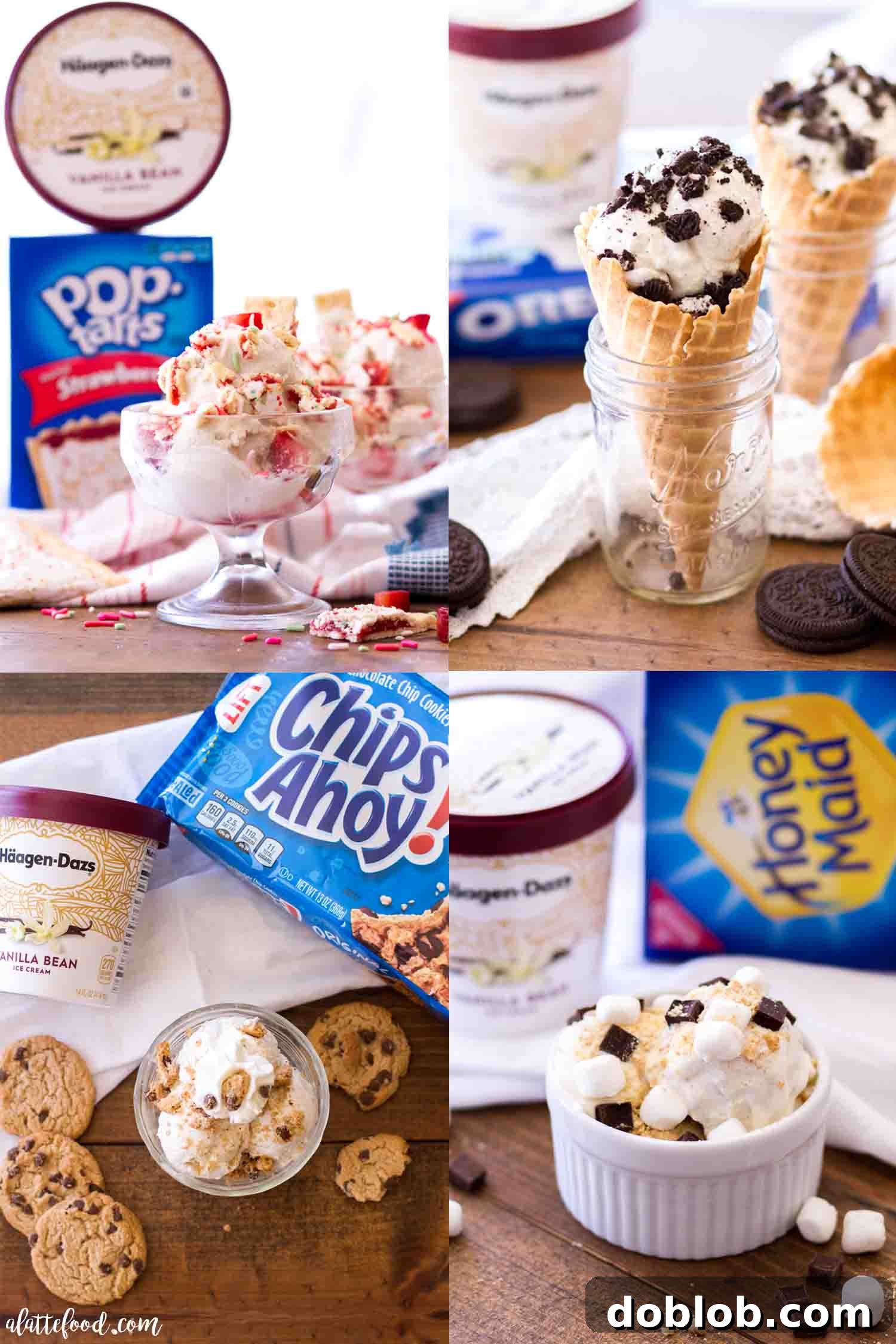 Four Deliciously Easy Ice Cream Sundae Recipes 2 A collage of four easy ice cream sundae recipes including strawberry pop tart ice cream, cookies and cream ice cream, chocolate chip cookie ice cream and s'mores ice cream