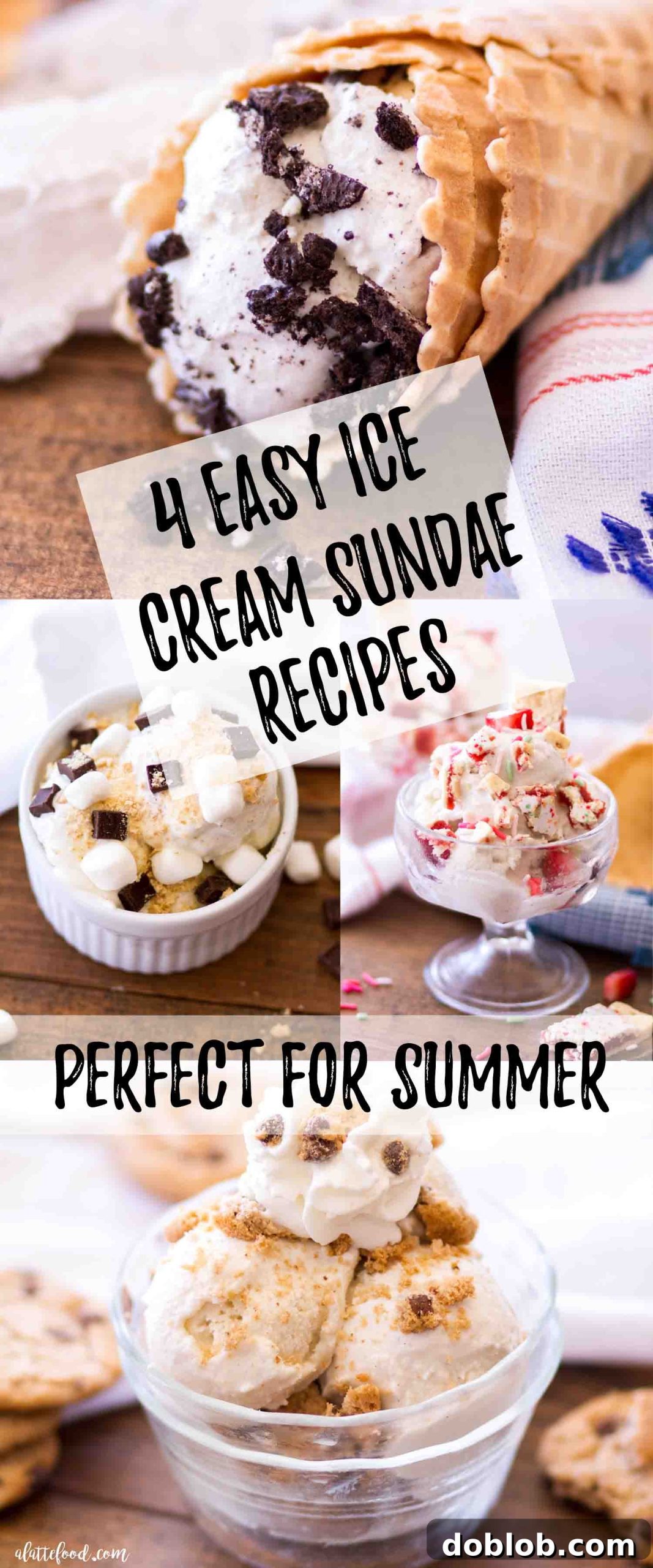 Four Deliciously Easy Ice Cream Sundae Recipes 12 A beautifully composed collage showcasing four easy ice cream sundae recipes, perfect for summer celebrations: Cookies and Cream, S'mores Cheesecake, Strawberry Pop Tart, and Chocolate Chip Cookie