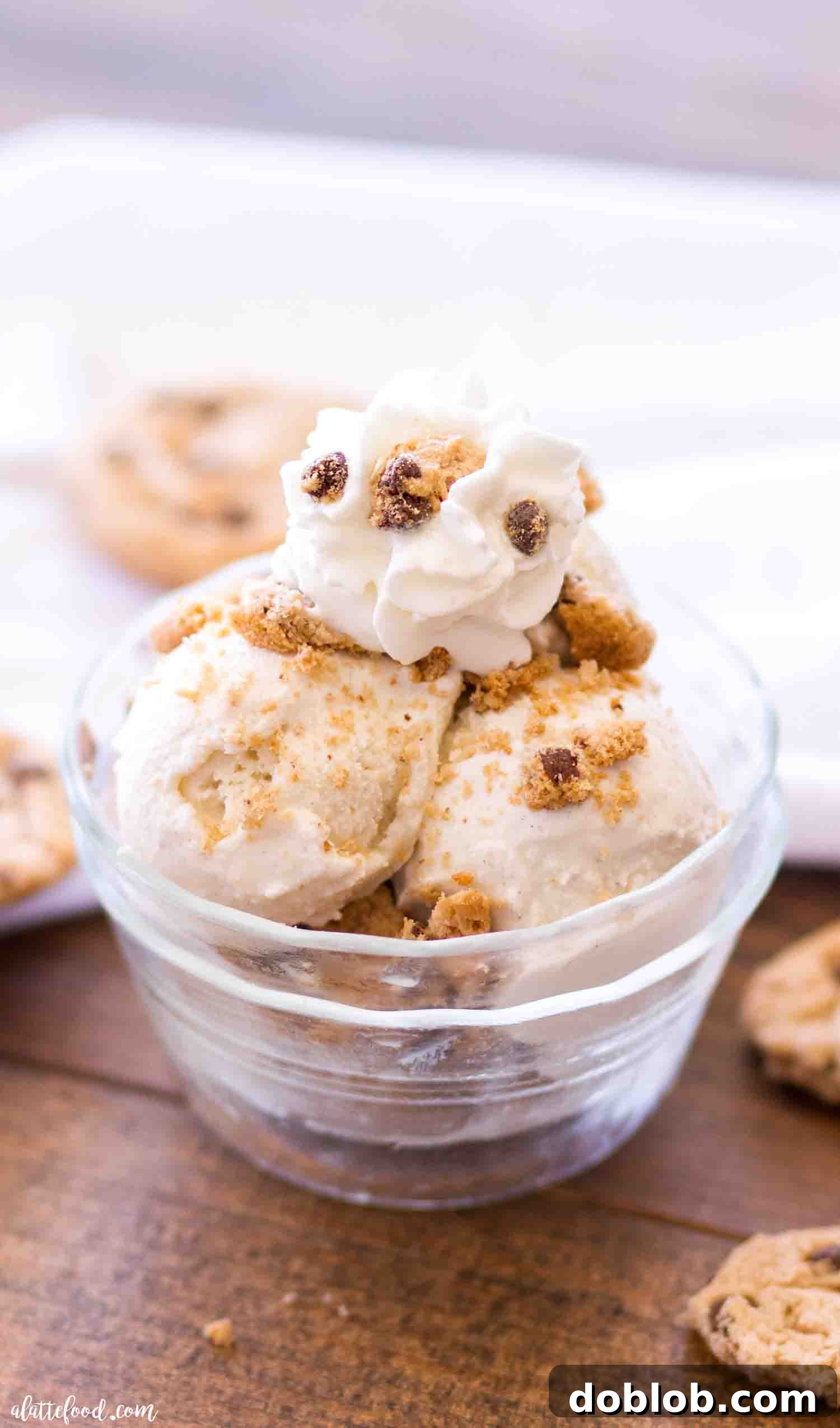Four Deliciously Easy Ice Cream Sundae Recipes 8 A decadent Chocolate Chip Cookie Ice Cream Sundae, lavishly topped with a generous swirl of fluffy whipped cream and extra cookie pieces, ready to be devoured
