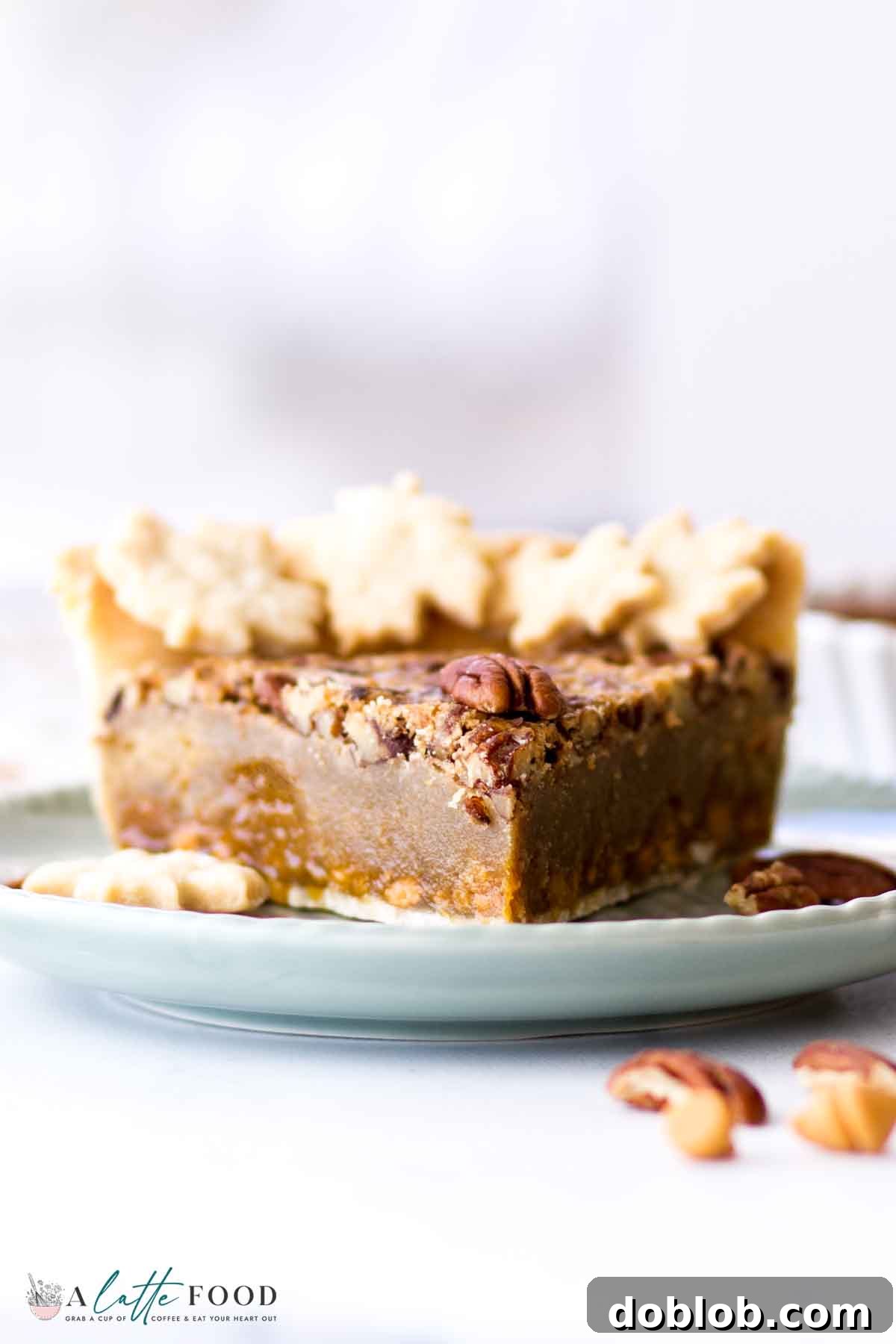 A single, enticing slice of Butterscotch Pecan Pie, beautifully plated on a teal dish, highlights its rich filling and perfectly baked crust.