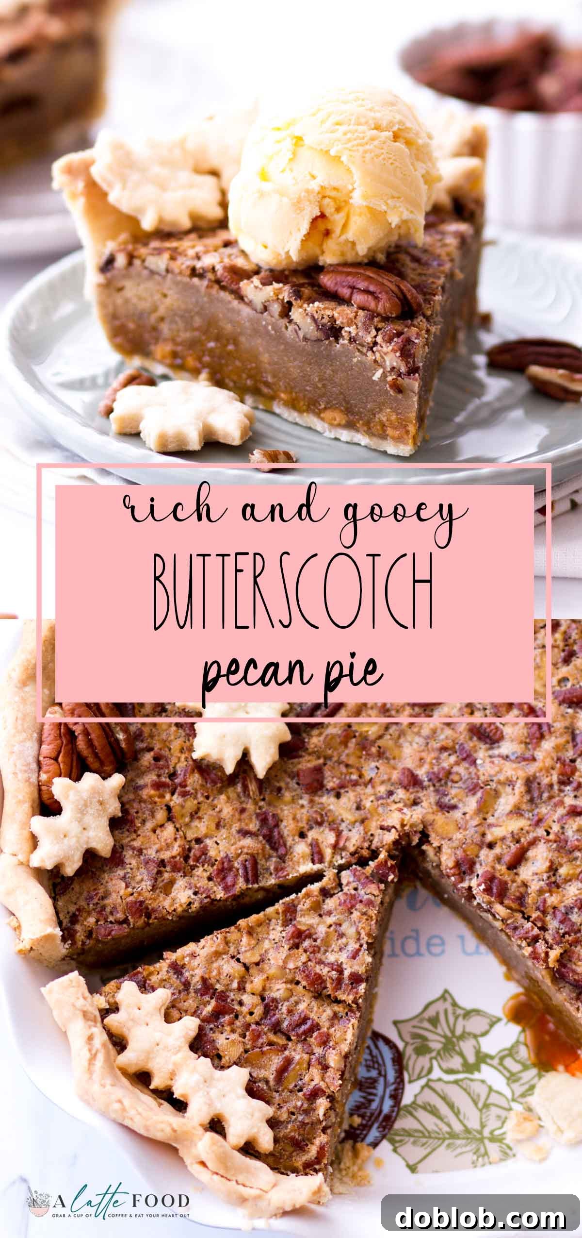 A vibrant collage featuring Butterscotch Pecan Pie slices with text overlays, capturing its tempting appeal.
