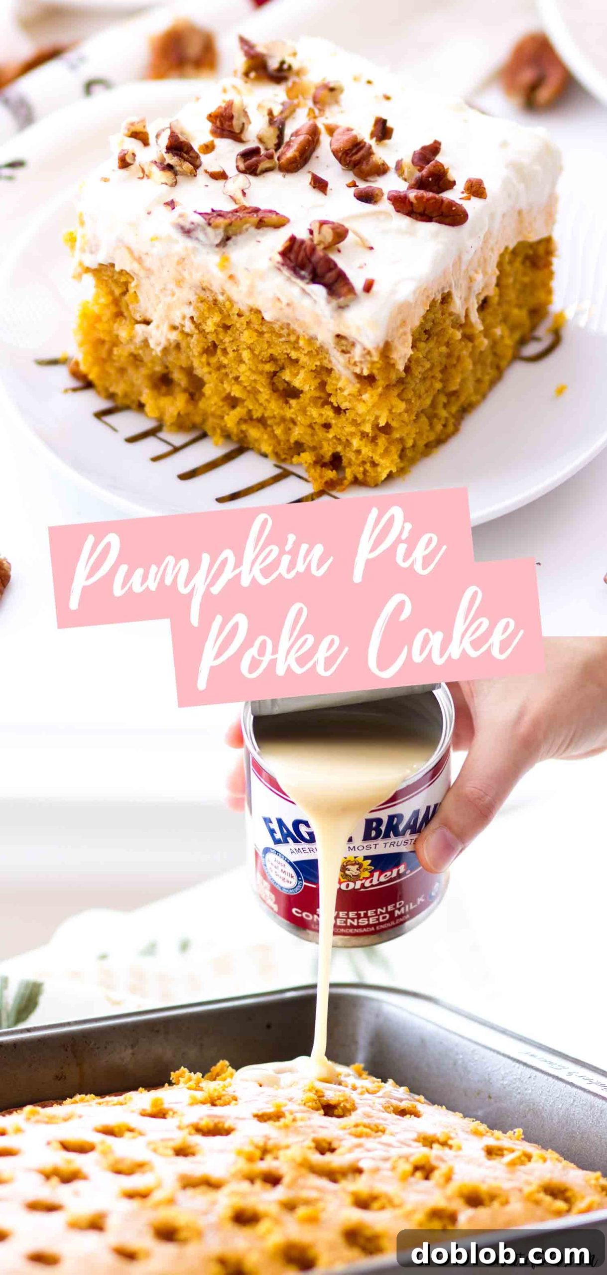 A collage of various Pumpkin Pie Poke Cake images, showing the cake whole, sliced, and the rich texture of the filling and frosting.
