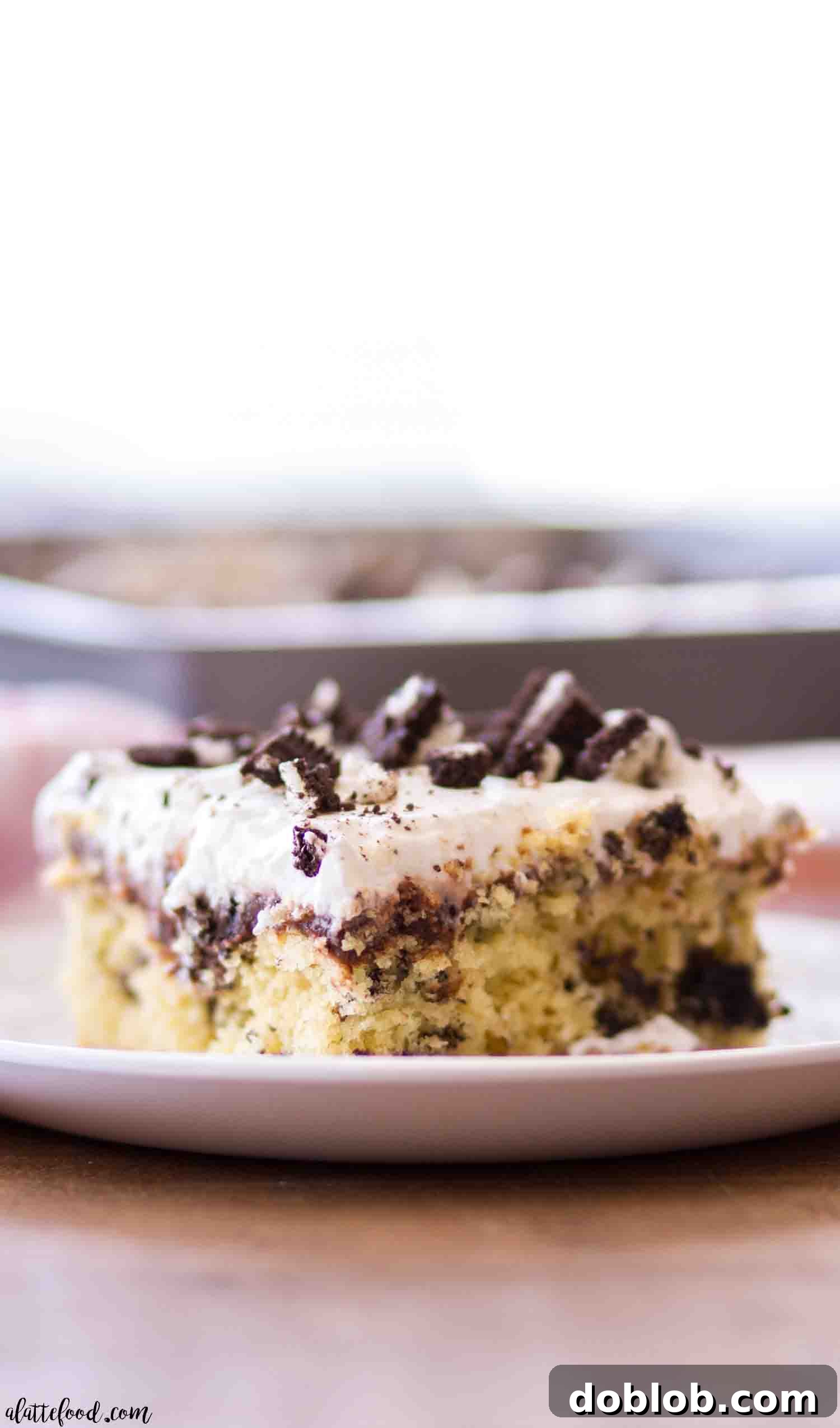 The best homemade Oreo Cookies and Cream with whipped cream and chocolate pudding sitting on a white plate.