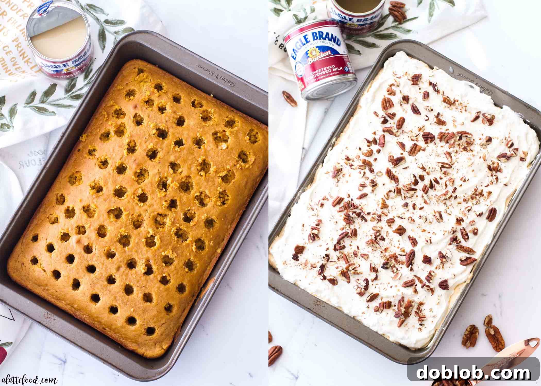 Progress shot of pumpkin cake baking steps in a white baking dish, showing holes poked into the surface ready for filling.