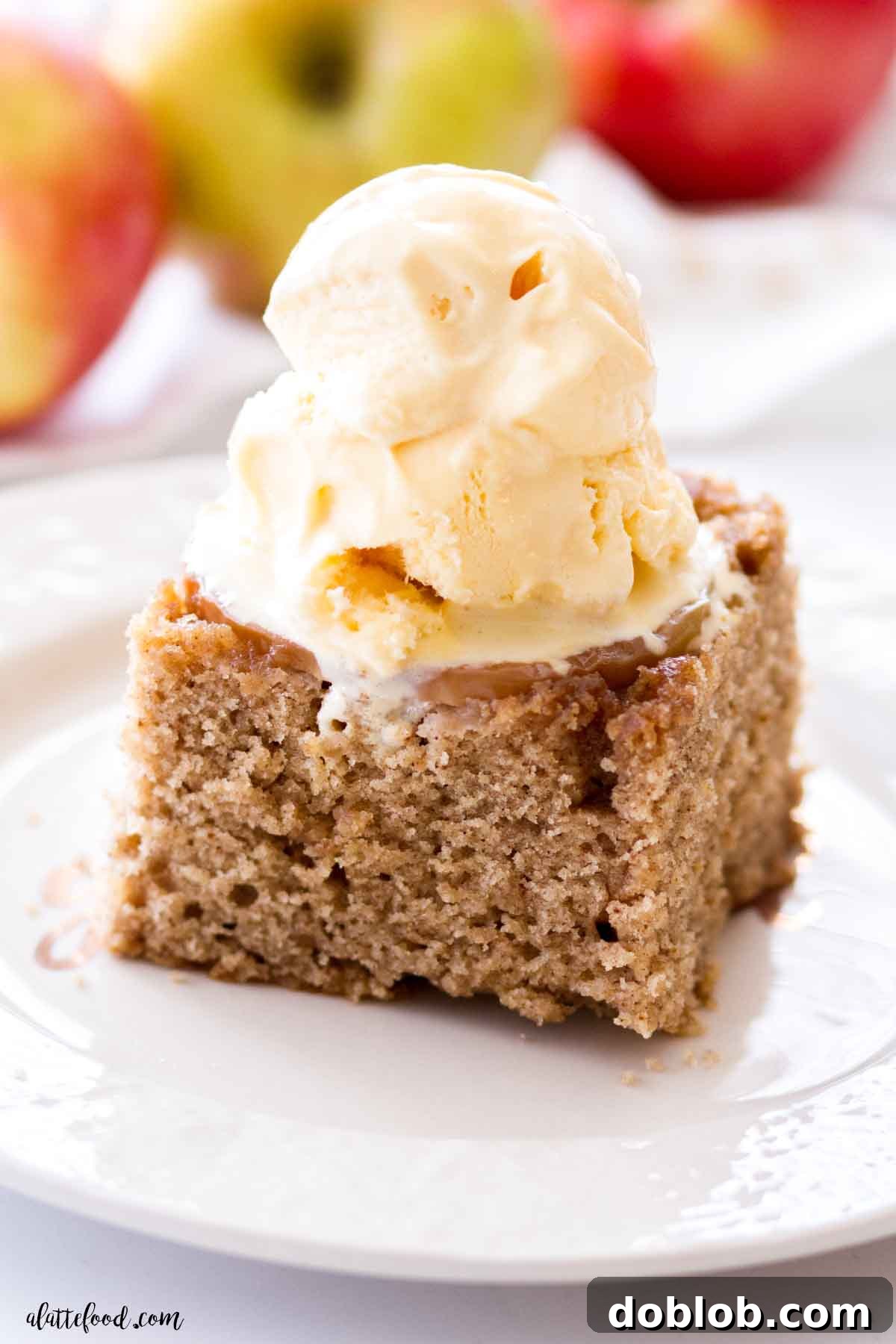 A perfectly portioned slice of Upside Down Apple Cake, topped with a scoop of melting ice cream, resting on a clean white plate, ready to be savored.