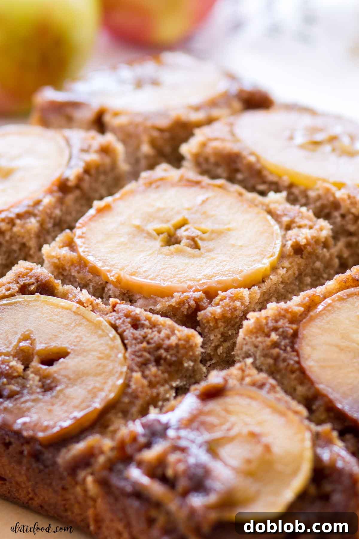 A tantalizing close-up collage of sliced apple upside down cake adorned with glistening caramel apples, emphasizing its gooey, rich texture and inviting warmth.