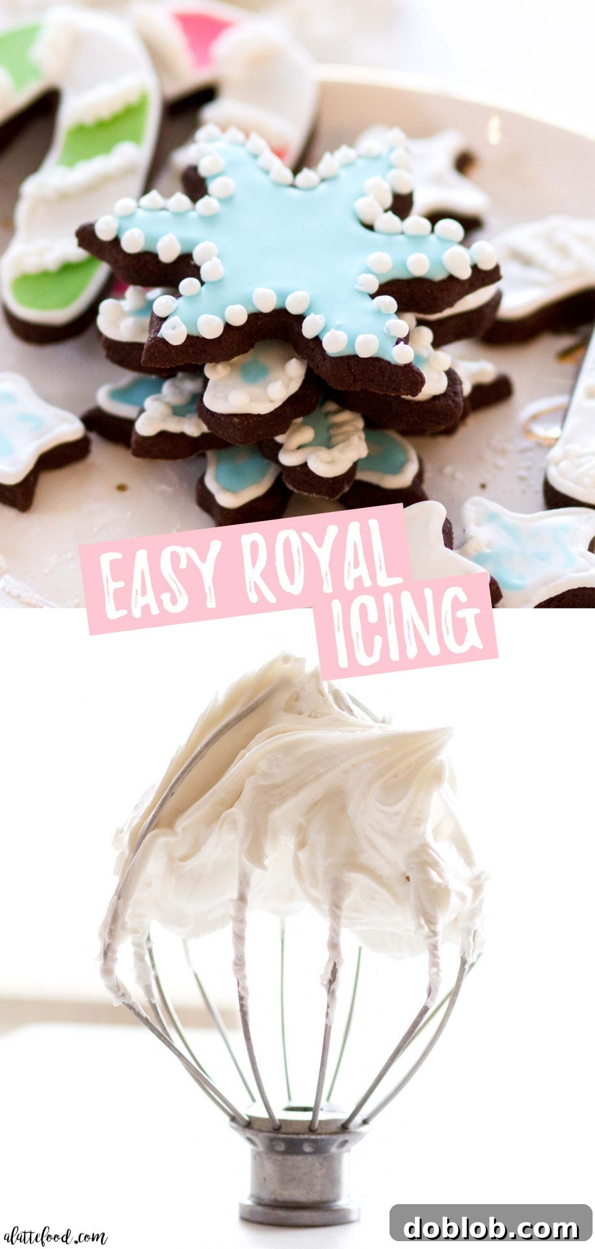 This easy royal icing recipe is made with meringue powder (made without egg whites or corn syrup) and other simple ingredients. This recipe is perfect for beginners and there is a video showing all sorts of tips for piping, flooding and wet on wet techniques. This is the perfect recipe for decorating christmas cookies and all other sugar cookies! A helpful tutorial. A creative collage showcasing various easy royal icing designs on chocolate sugar cookies, illustrating different decorating techniques.