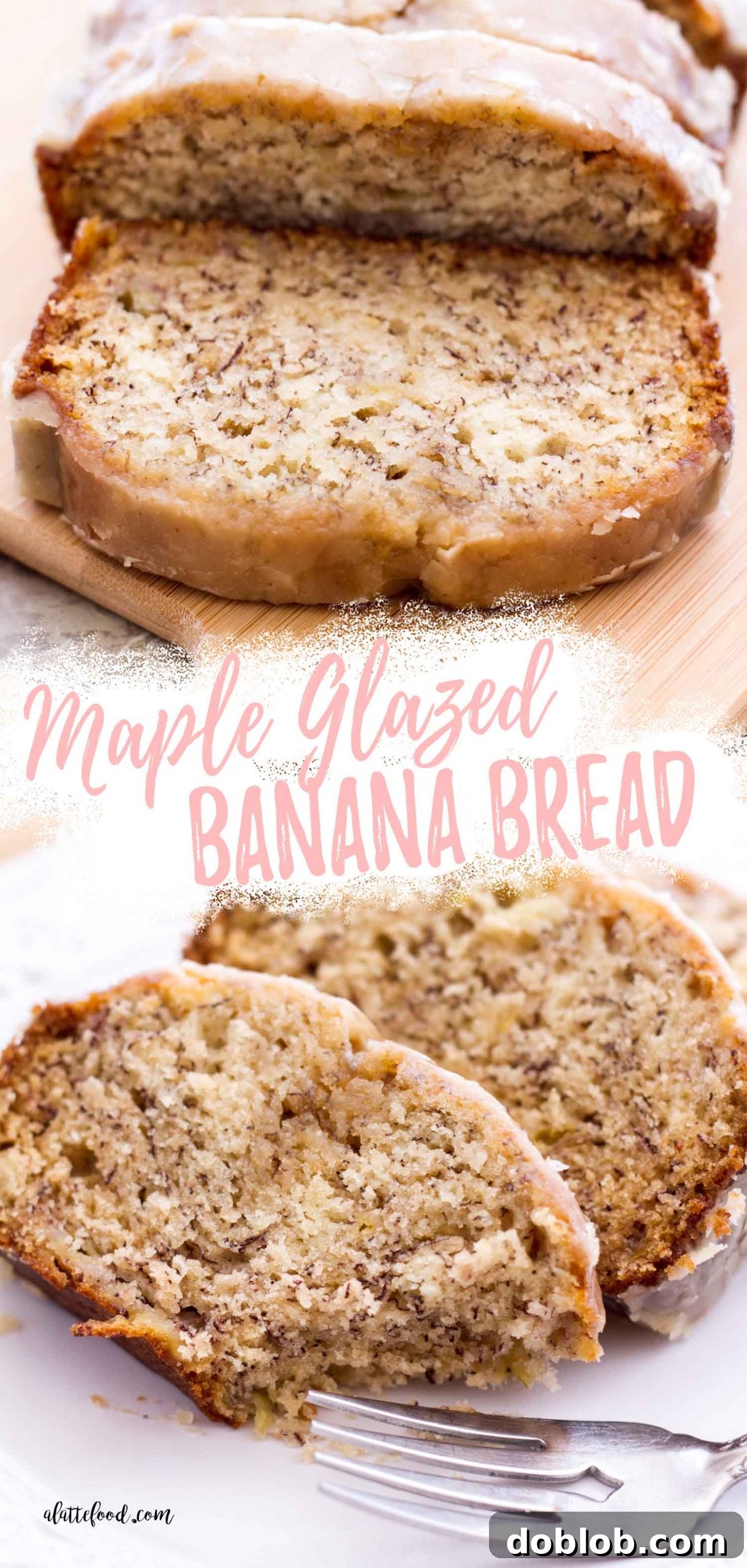This Maple Glazed Banana Bread recipe is made entirely from scratch and is one of my favorite cozy fall recipes! It’s a sweet and moist banana bread recipe (made without sour cream) based off of my mom’s classic recipe, and the maple glaze (think a maple donut glaze) makes this one of my favorite easy dessert recipes for fall. banana bread collage with text