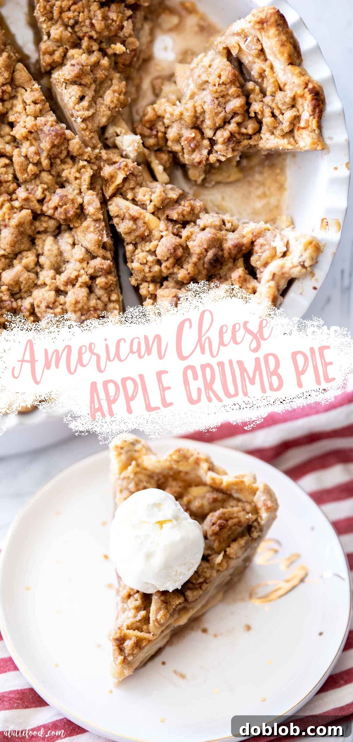 apple pie with crumb topping and american cheese collage