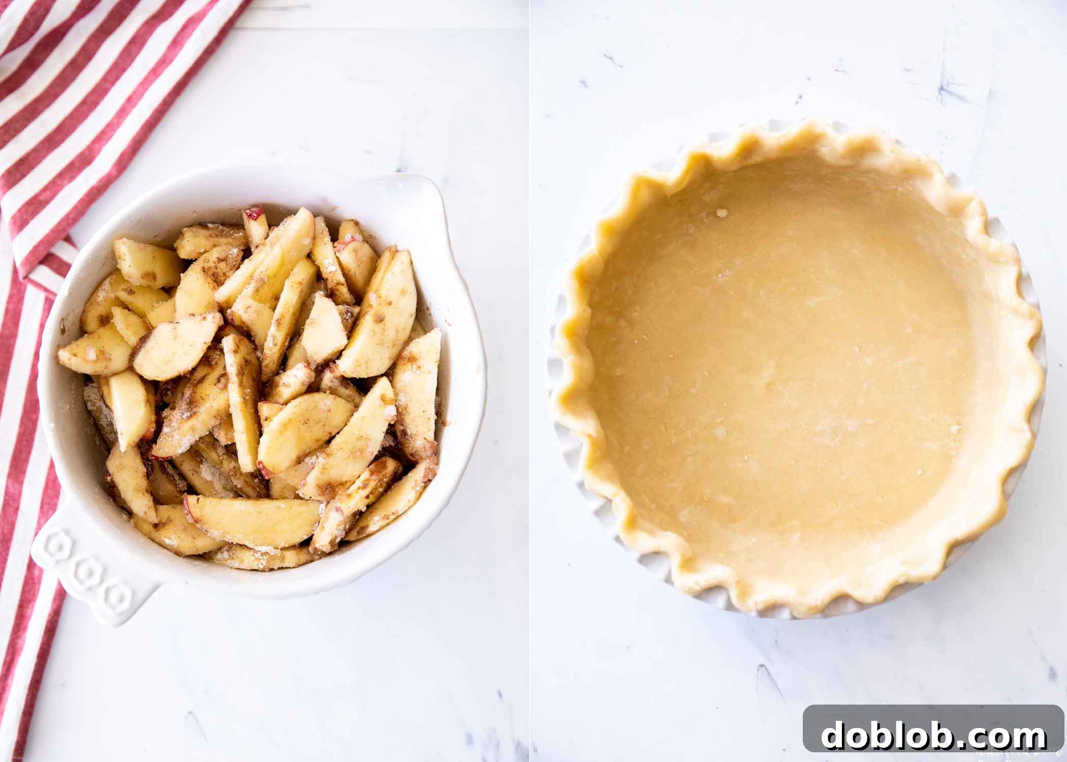 cut apples in ceramic plate and pie crust in pie plate