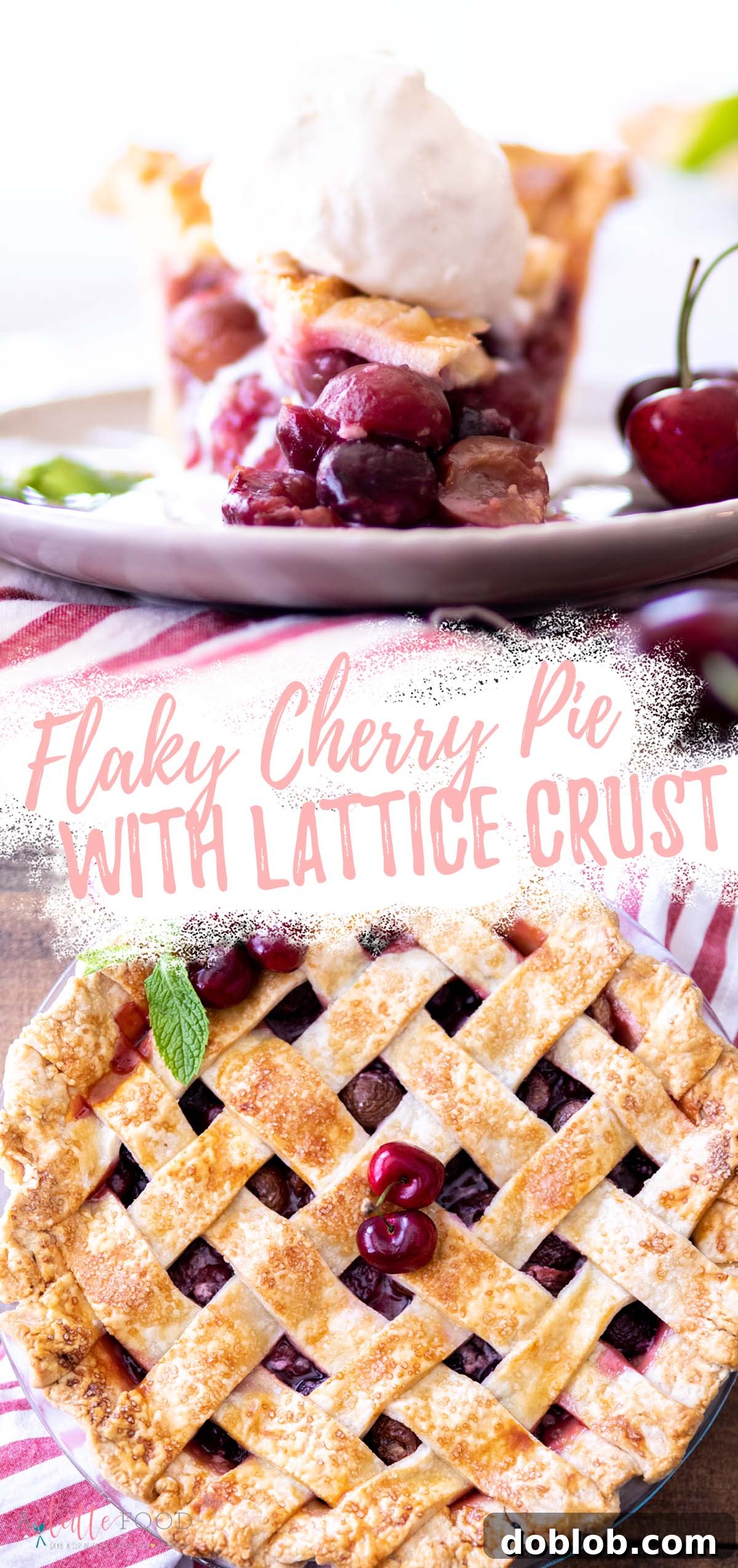 A collage featuring slices of homemade cherry pie with lattice crust, topped with vanilla ice cream, and a full pie, showcasing its delicious appeal.