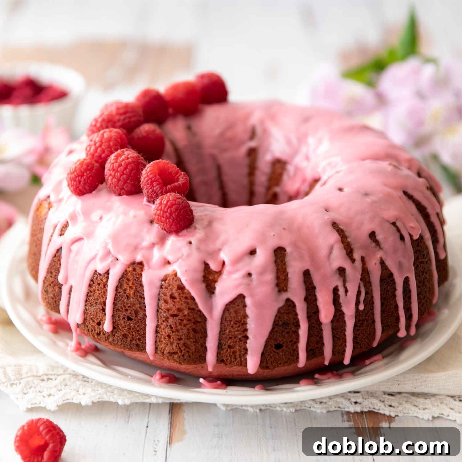 raspberry bundt cake on white plate recipe photo