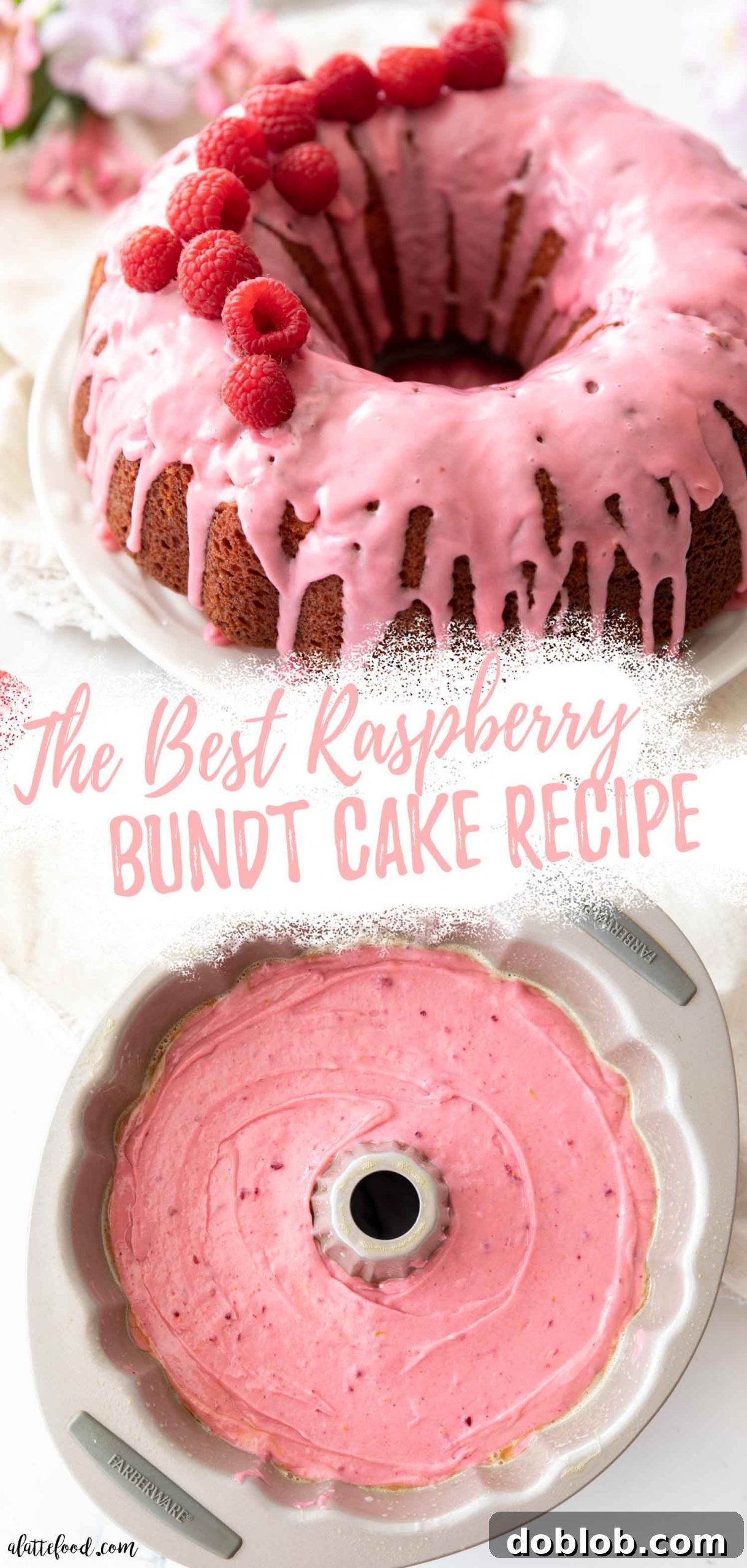 This Homemade Raspberry Bundt Cake recipe, topped with a raspberry glaze, is made from fresh and freeze-dried raspberries (a homemade raspberry sauce). It's a raspberry sour cream cake, made from scratch without raspberry gelatin, jell-o, or cake mix. An easy bundt cake recipe, perfect as a spring or Valentine’s Day dessert. A creative collage showcasing a baked raspberry bundt cake with glaze and fresh raspberries alongside unbaked raspberry cake batter in a bundt pan.