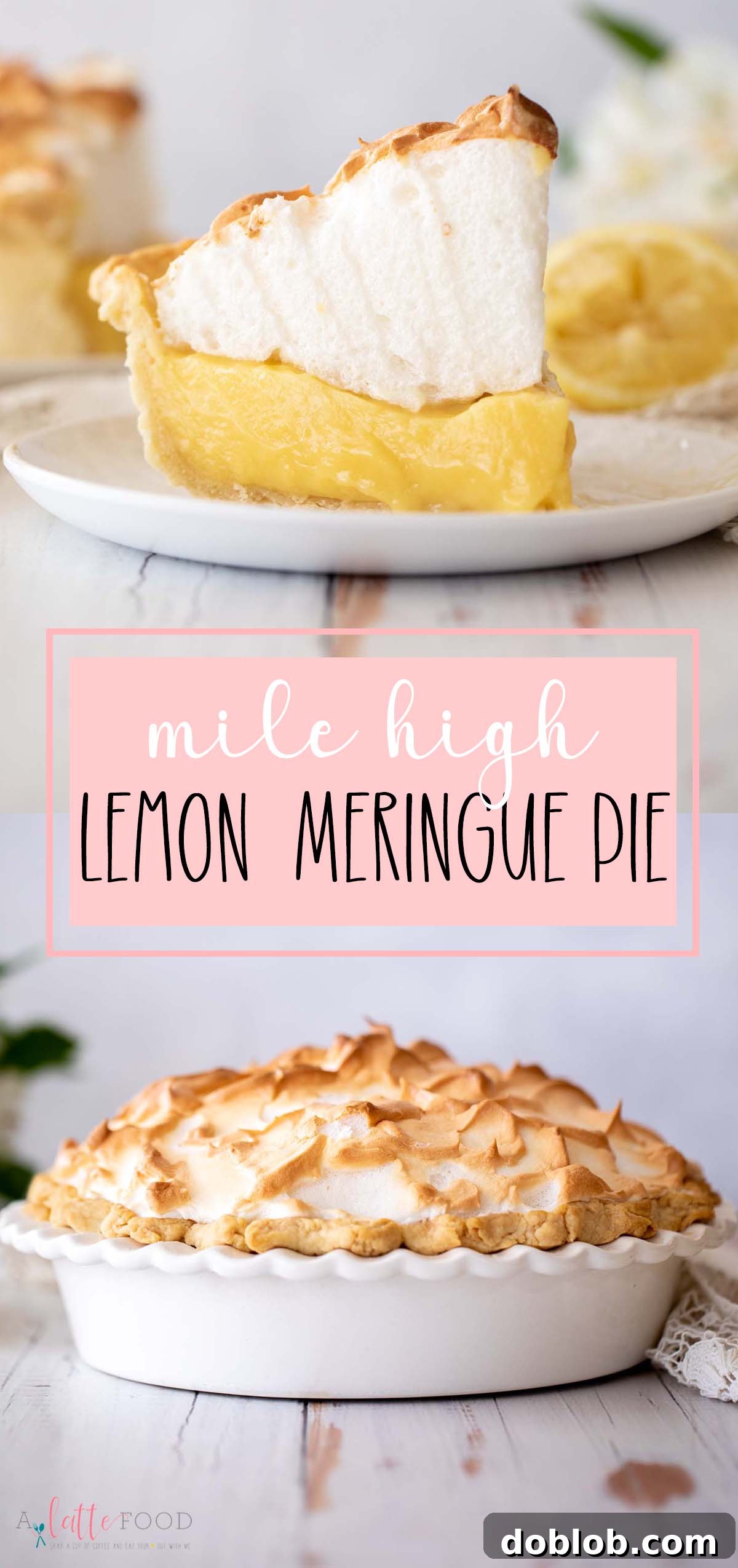 A collage of lemon meringue pie images with descriptive text, showing different angles and textures.