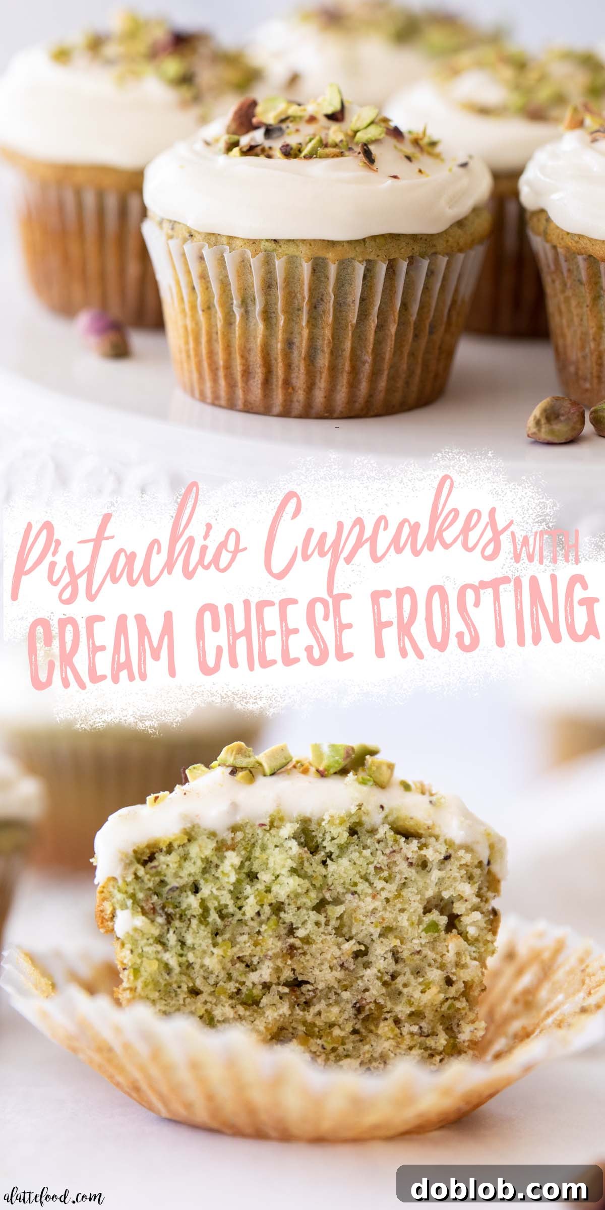 Discover the best homemade pistachio cupcakes with honey cream cheese frosting. Made from scratch with finely ground pistachios, almond extract, and honey for a light, fluffy, and flavorful spring dessert. No pudding mix needed! Honey pistachio cupcakes with cream cheese frosting collage
