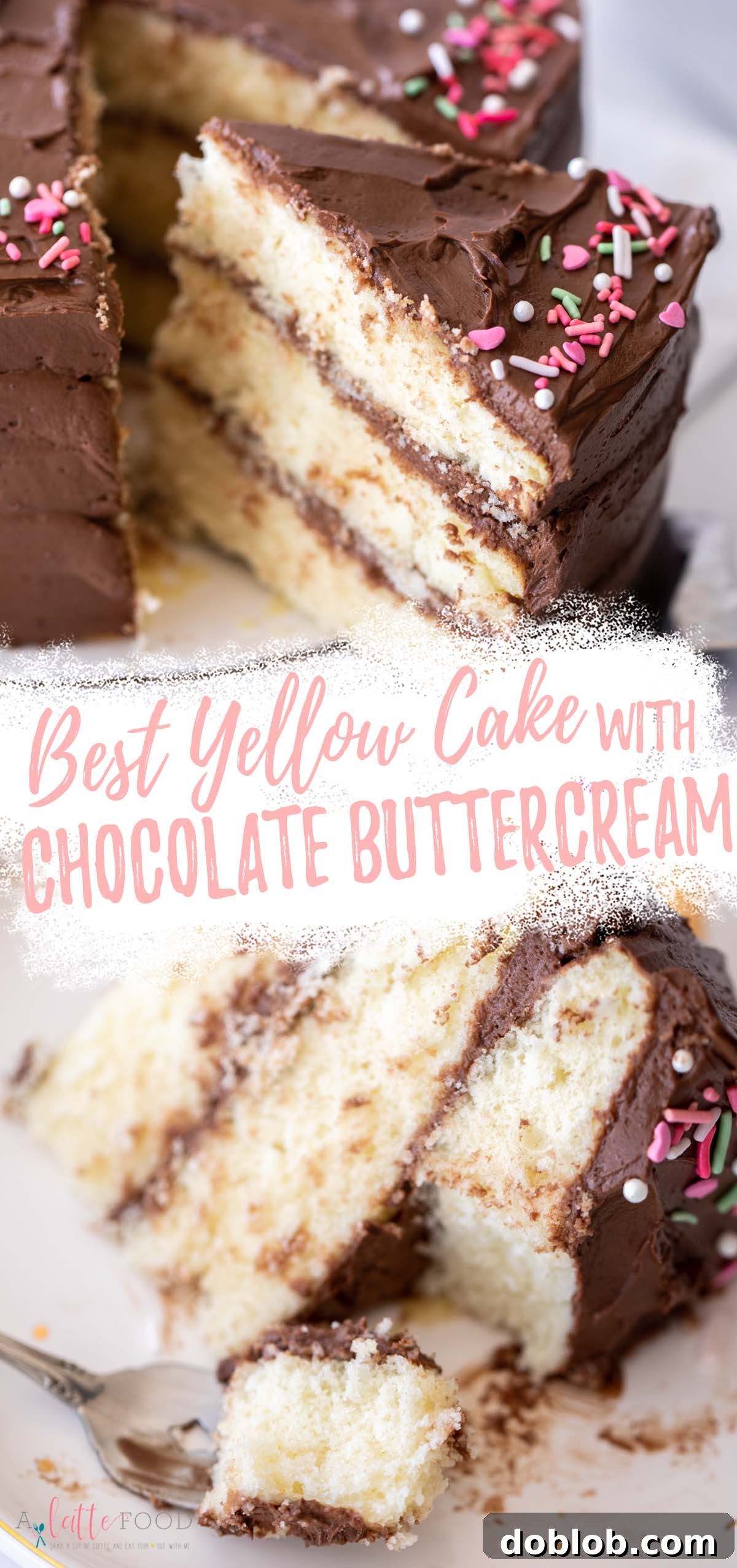 A visual collage showcasing the best homemade triple layer yellow cake with rich chocolate buttercream frosting.