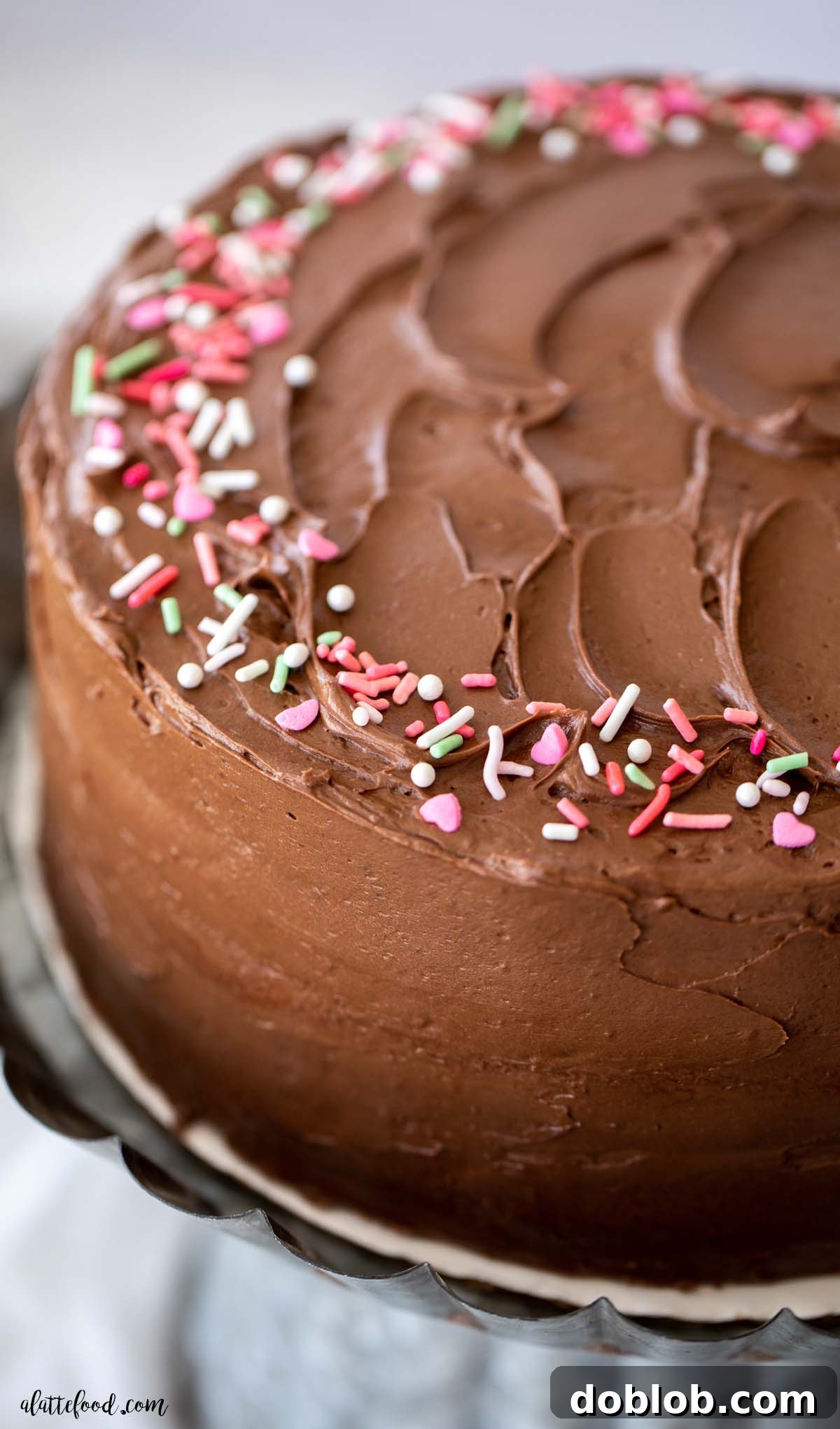 A classic yellow cake, frosted with homemade chocolate buttercream and topped with colorful sprinkles, sitting on a rustic tin cake pan.