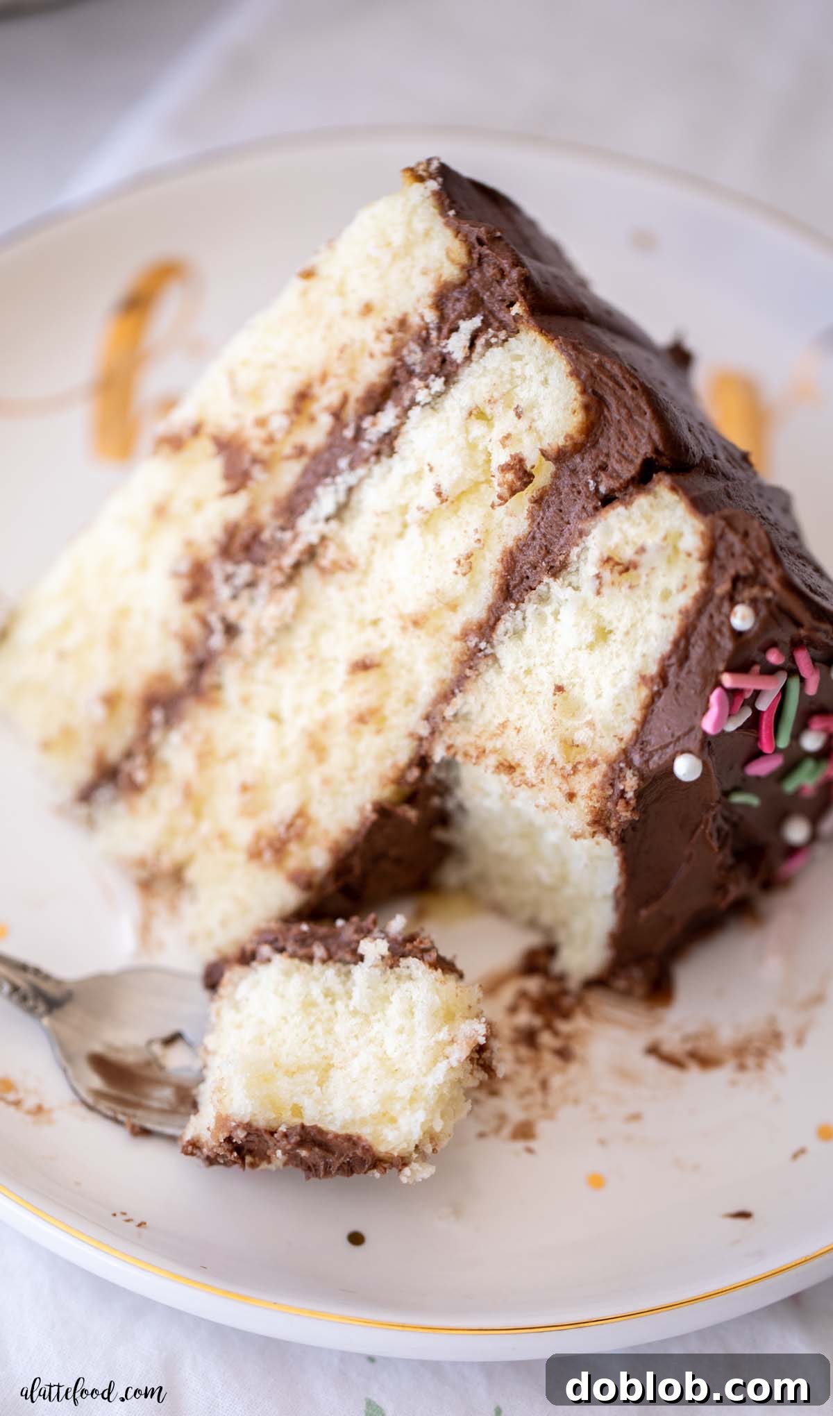 A luscious slice of yellow cake with creamy chocolate buttercream, elegantly presented on a white and gold plate.