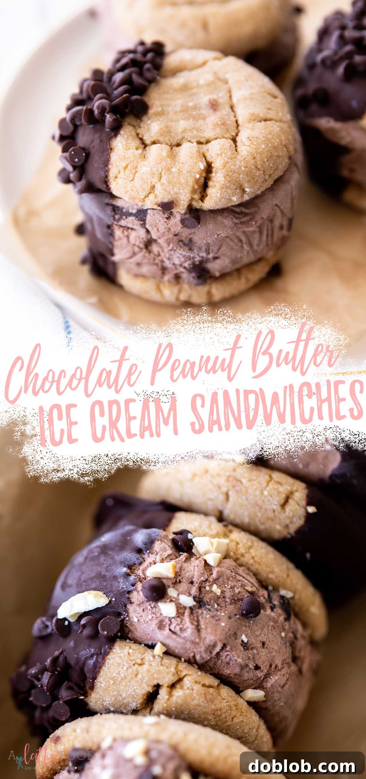 Chocolate-dipped peanut butter ice cream sandwiches photo collage, showing various angles and textures