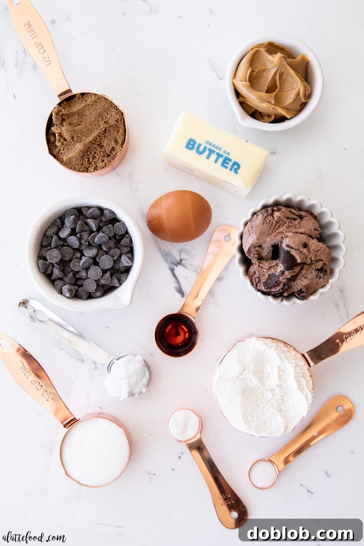 A selection of ingredients for chocolate peanut butter cookie ice cream sandwiches laid out on a table