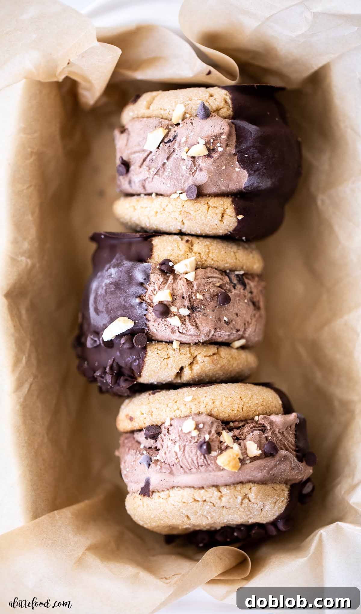A photo collage showing chocolate dipped peanut butter ice cream sandwiches from different angles, highlighting their deliciousness