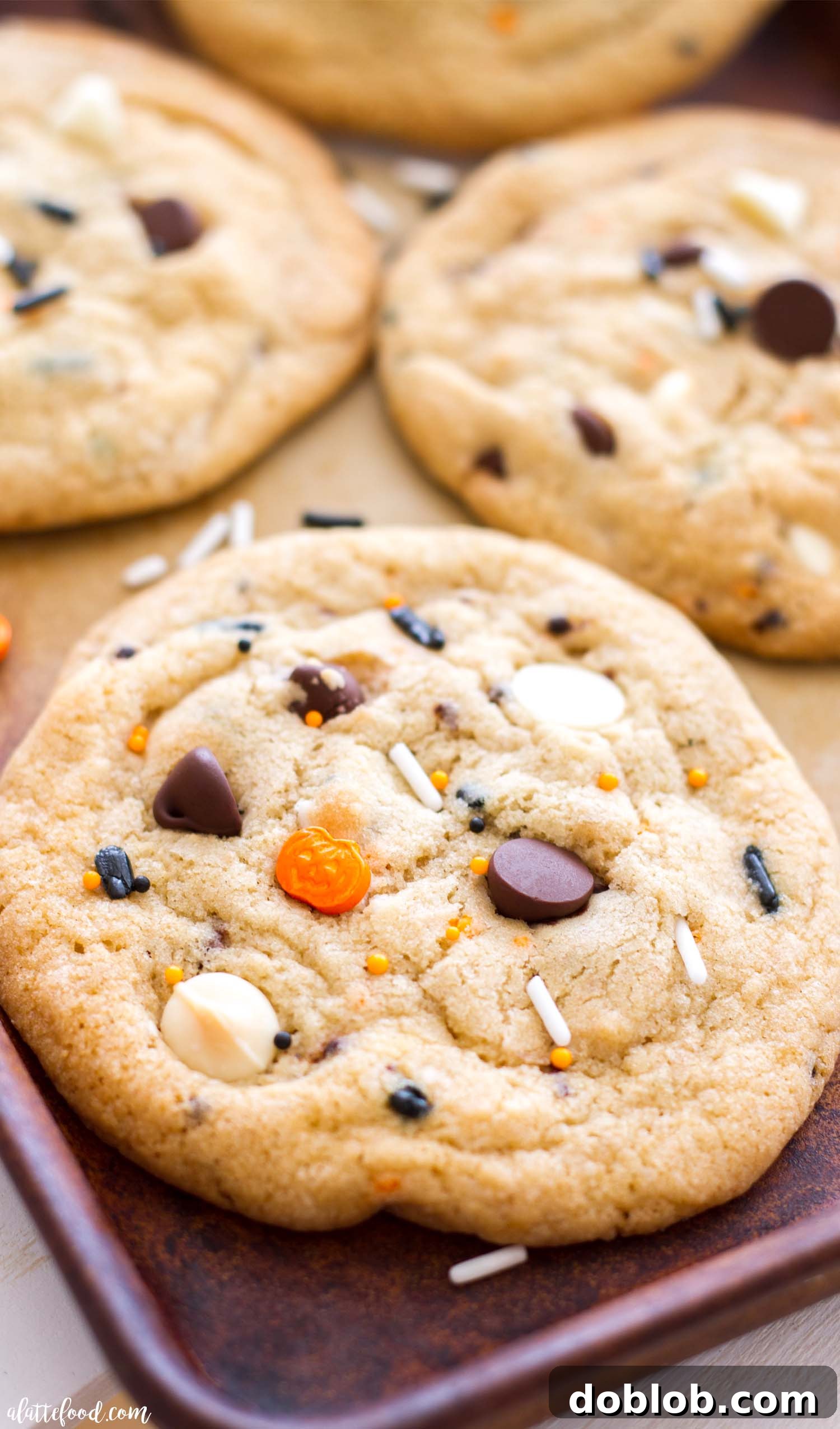 Delicious homemade cake batter funfetti chocolate chip cookies with Halloween sprinkles, perfect for a festive treat