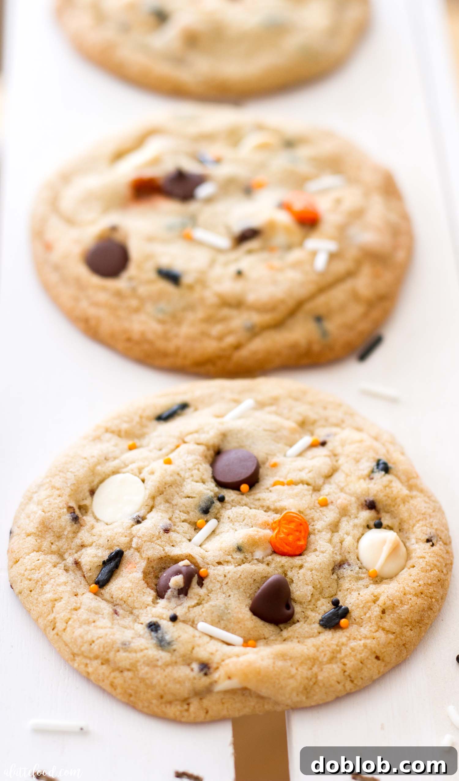 Close-up of a stack of Cake Batter Funfetti Chocolate Chip Cookies with vibrant Halloween sprinkles