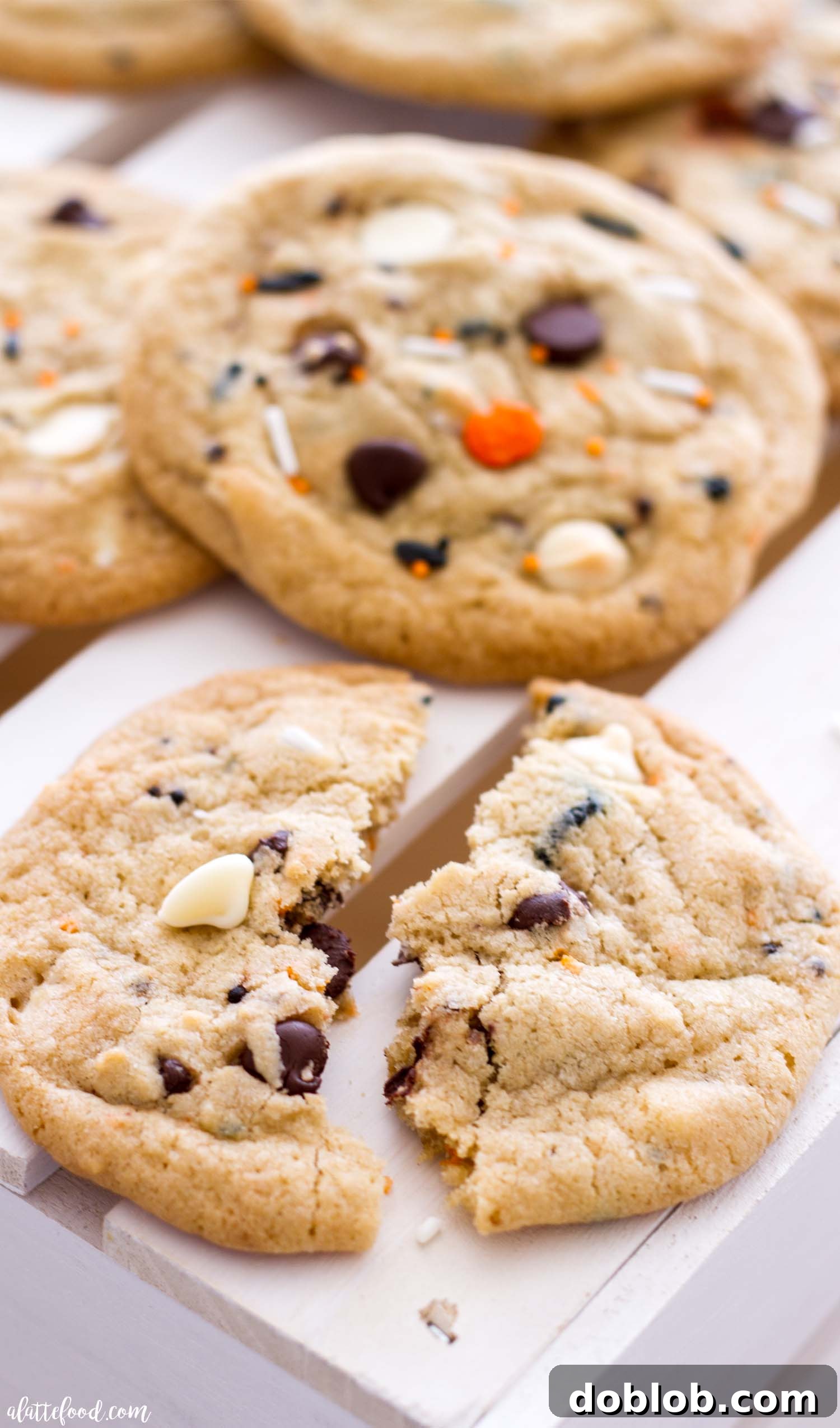 Batch of freshly baked Cake Batter Funfetti Chocolate Chip Cookies cooling on a wire rack