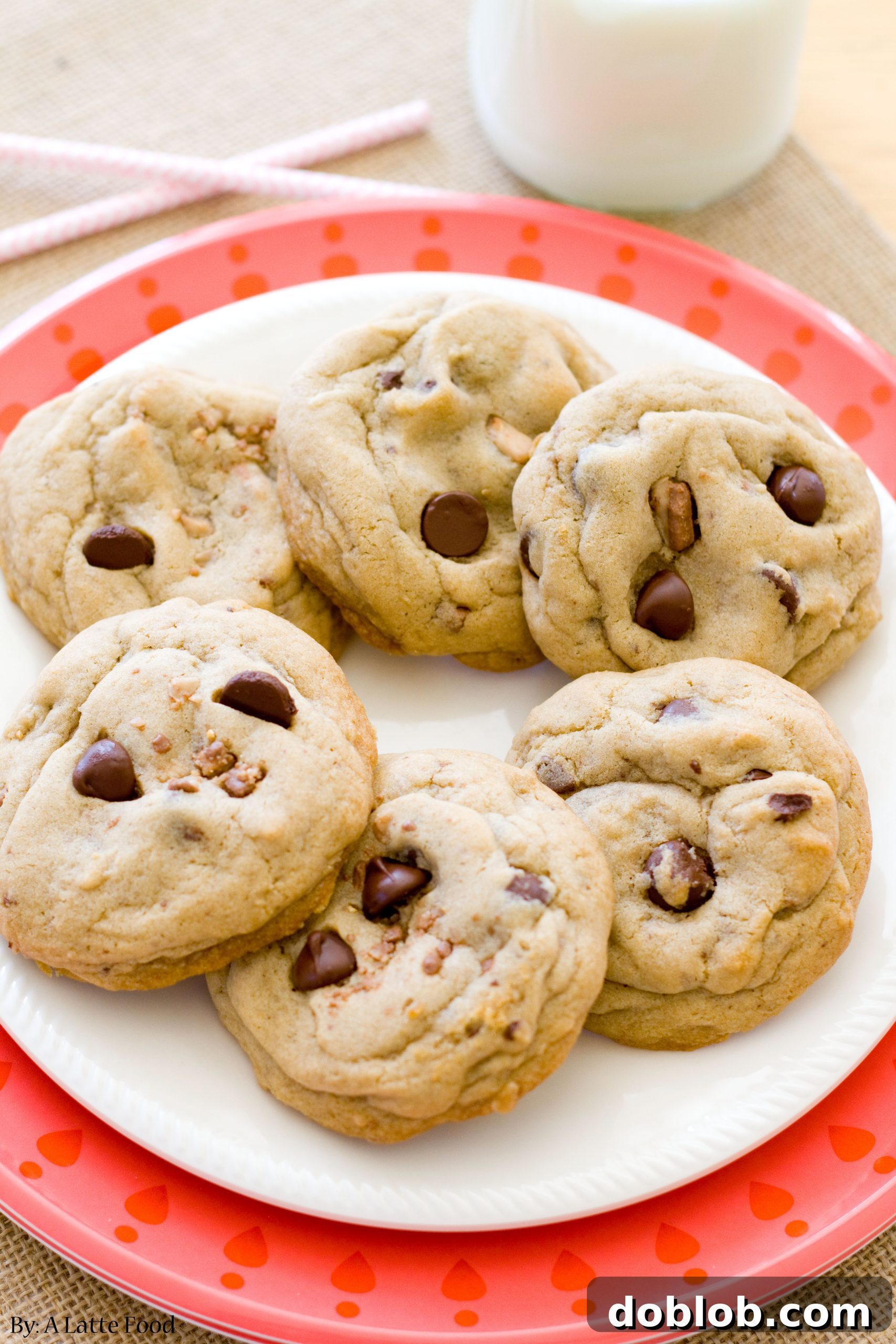 Rich dark chocolate chip toffee cookies with a chewy texture