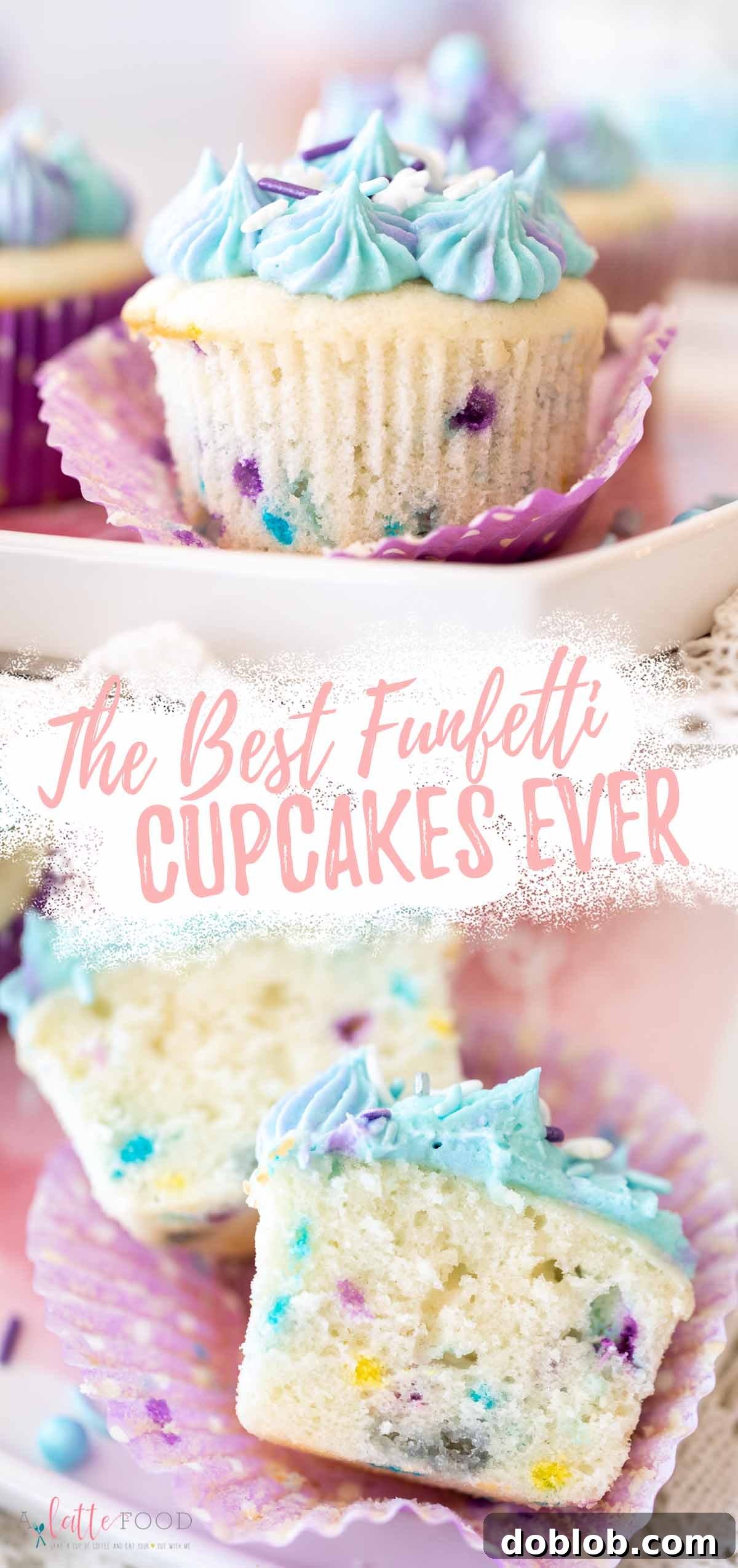 A vibrant collage of perfect Funfetti cupcakes with vanilla buttercream, featuring text overlay highlighting them as the best homemade confetti cupcakes.