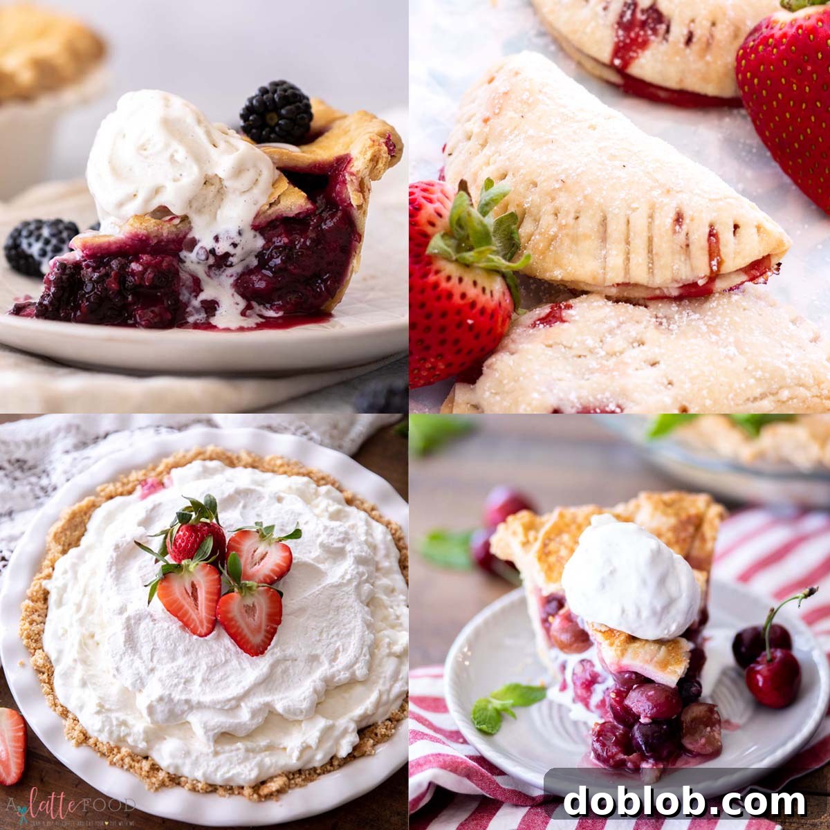 Sweet Nothings: Over 40 Valentine's Day Dessert Ideas 11 blackberry pie with ice cream, strawberry hand pies, marshmallow pie, and cherry pie collage