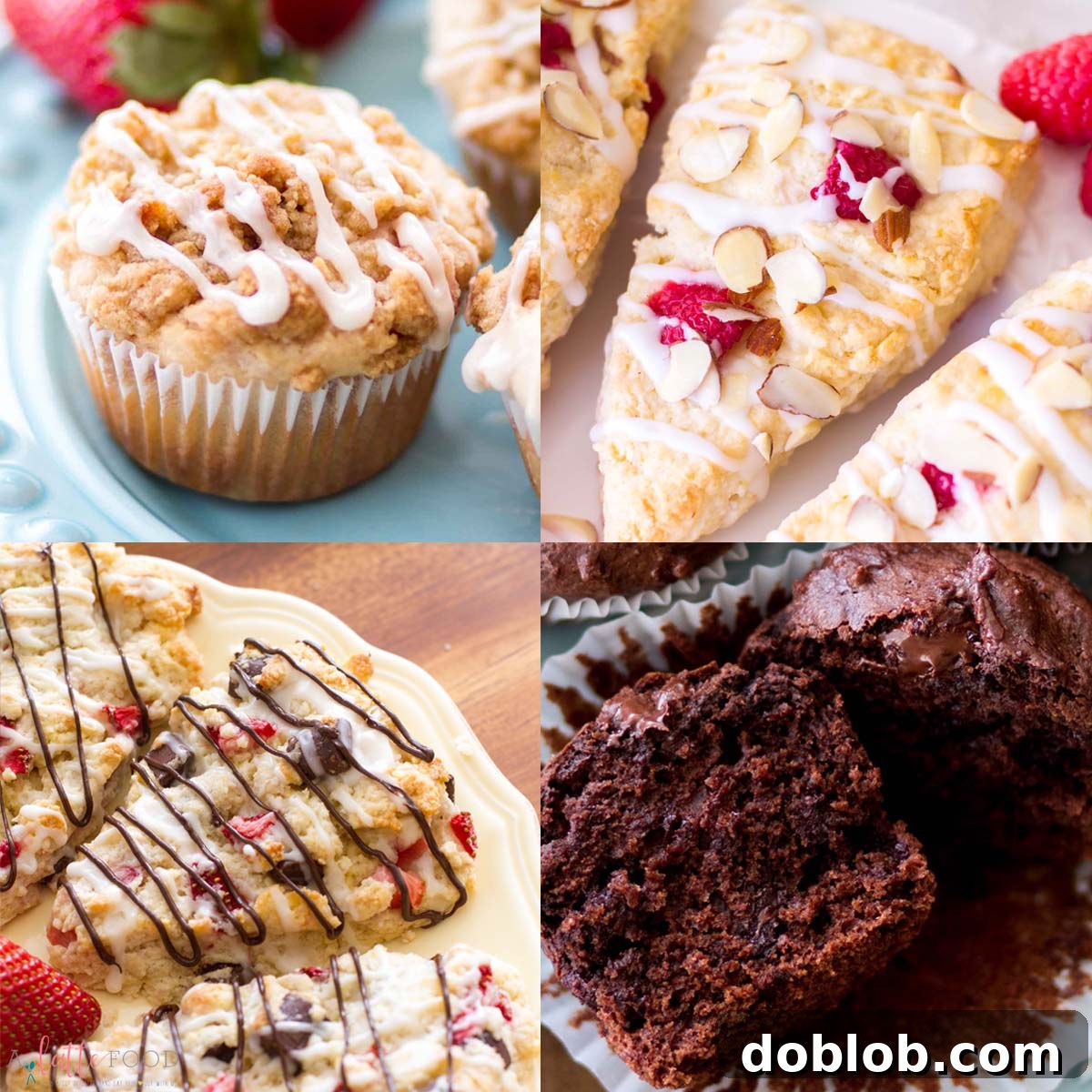 Sweet Nothings: Over 40 Valentine's Day Dessert Ideas 12 strawberry crumb cake muffins, raspberry scones, chocolate strawberry scones, and chocolate muffins collage