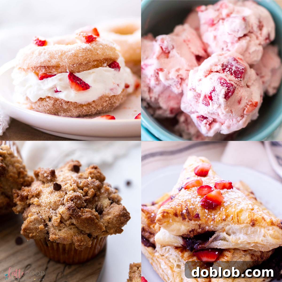 Sweet Nothings: Over 40 Valentine's Day Dessert Ideas 13 strawberry shortcake donuts, strawberry ice cream, chocolate chip crumb cake muffins, and strawberry Nutella turnovers collage