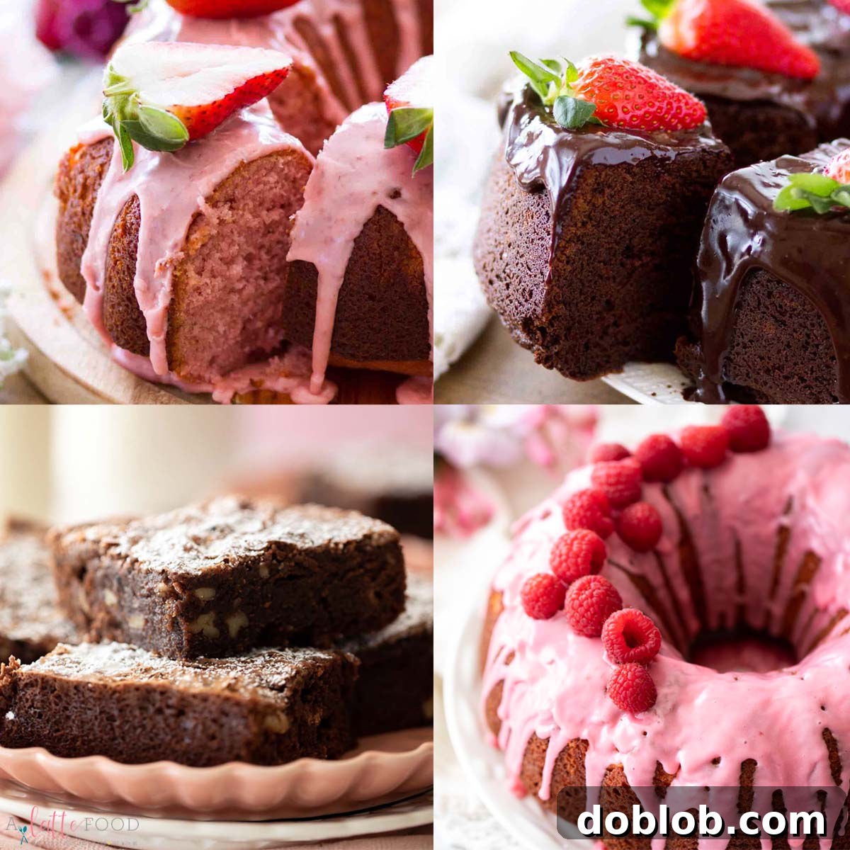 Sweet Nothings: Over 40 Valentine's Day Dessert Ideas 3 strawberry Bundt Cake, chocolate pound cake, chocolate fudge cake, and raspberry Bundt Cake collage